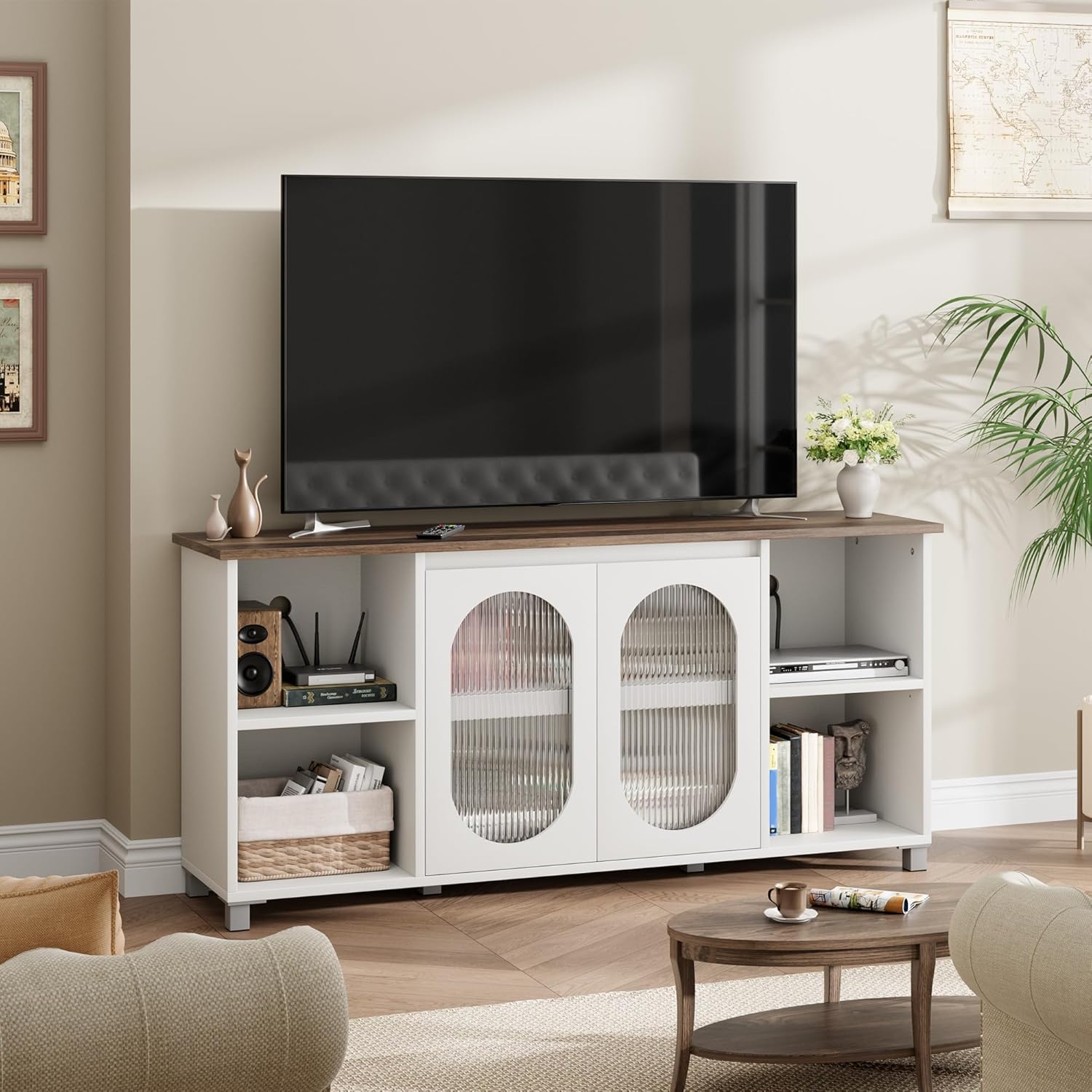 Qeetex LHF-DSG-PHO-33AU5MPN Retro TV Stand 70 Inch Entertainment Center with Corrugated Glass Cabinet Doors TV Stands with 4 Open Shelves and 2 Cabinets Rustic TV Table for Living Room - White