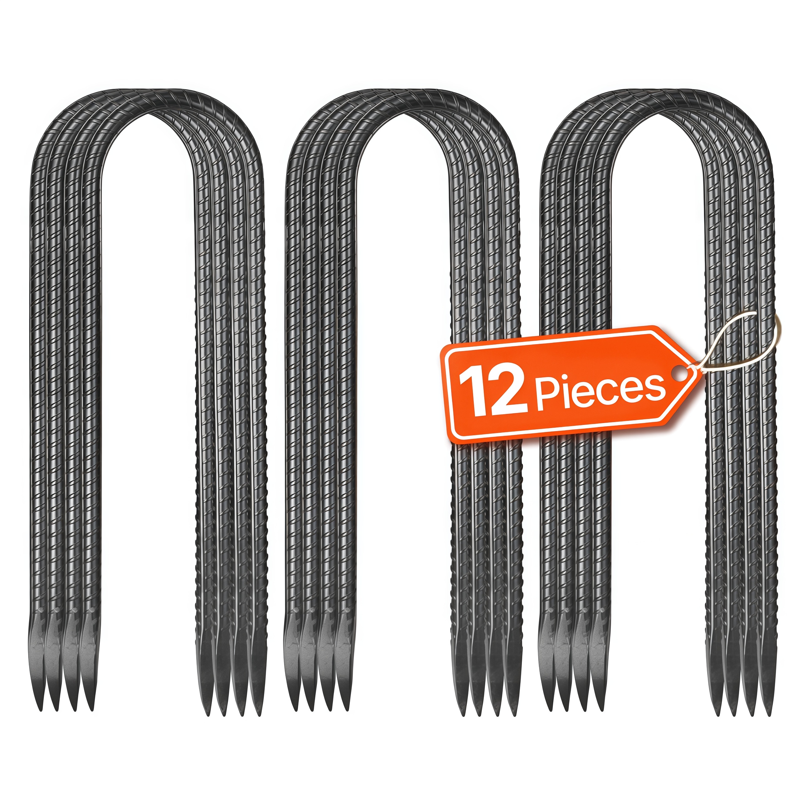 Numhew - 10in L 0.32in Diameter 12-Pack U Shape Black Galvanized Steel Ground Anchor Stakes