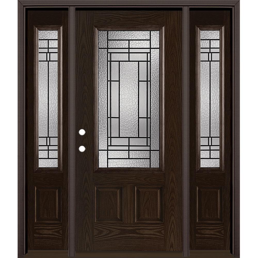 Masonite 1328122 Pembrook 64-in x 80-in Fiberglass 3/4 Lite Right-Hand Inswing Walnut Stained Prehung Single Front Door with Sidelights with Brickmould Insulating Core