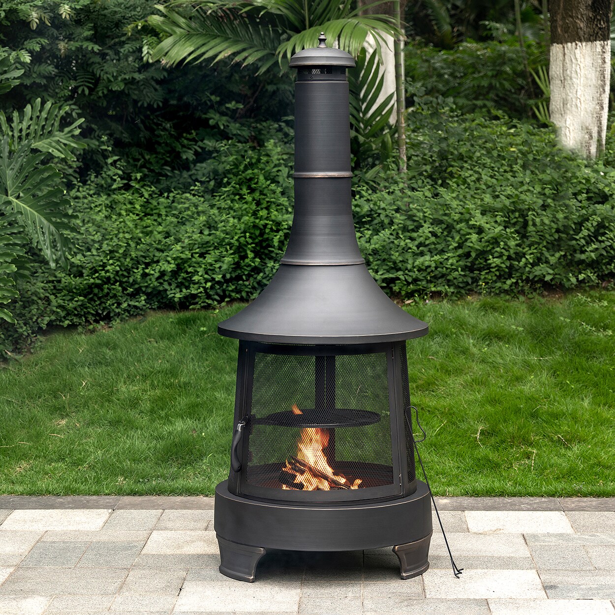 Black Steel Chimney Fire Pit with Cast Iron Grill