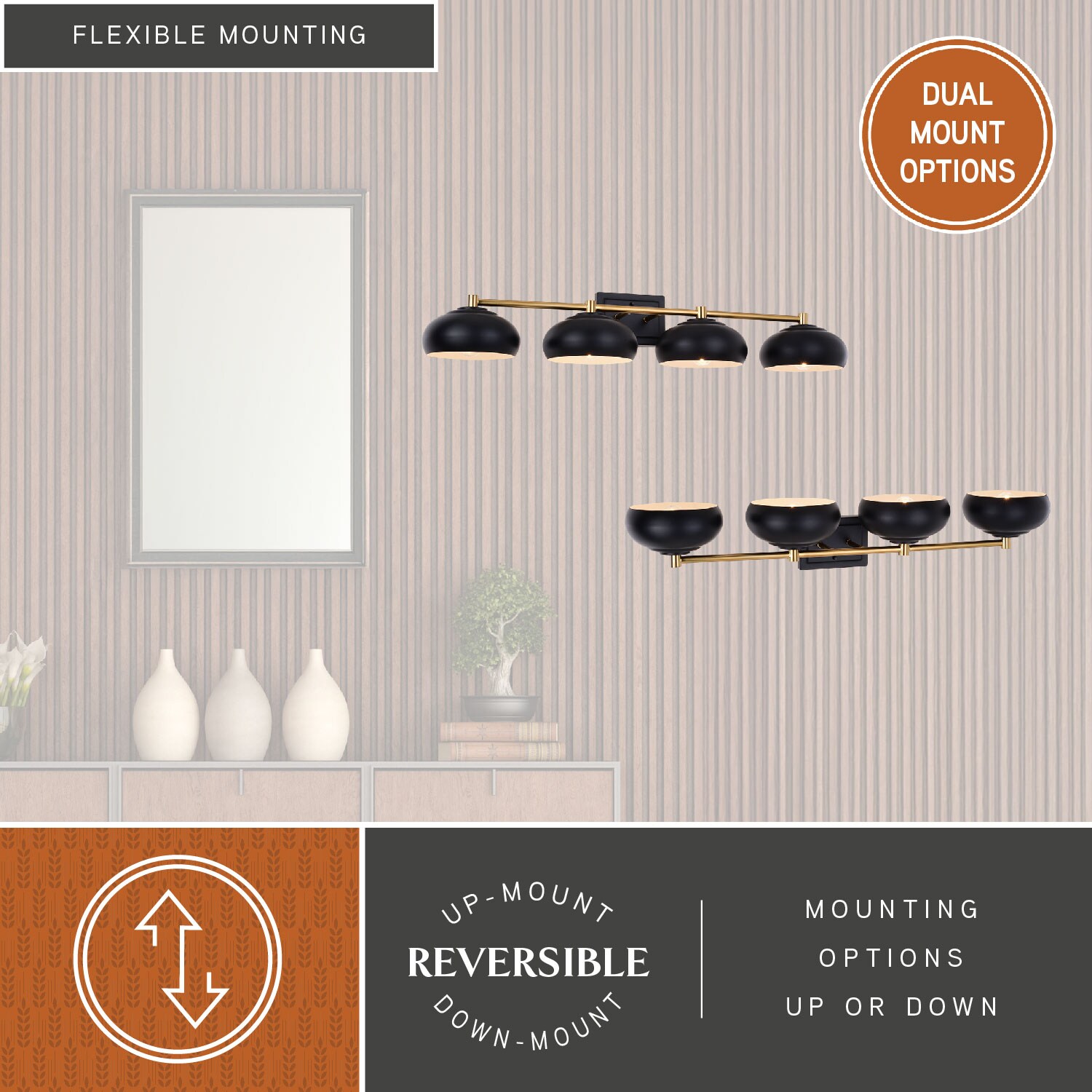 Matte Black and Satin Brass 4-Light Dimmable Vanity Fixture