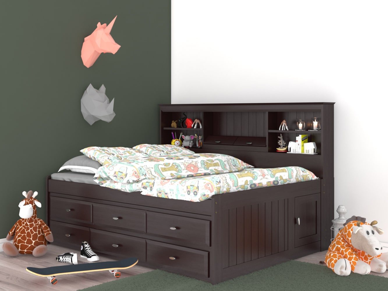 OSHOME 82923K6-22 Dark Espresso Full Wood Daybed Bed with Storage