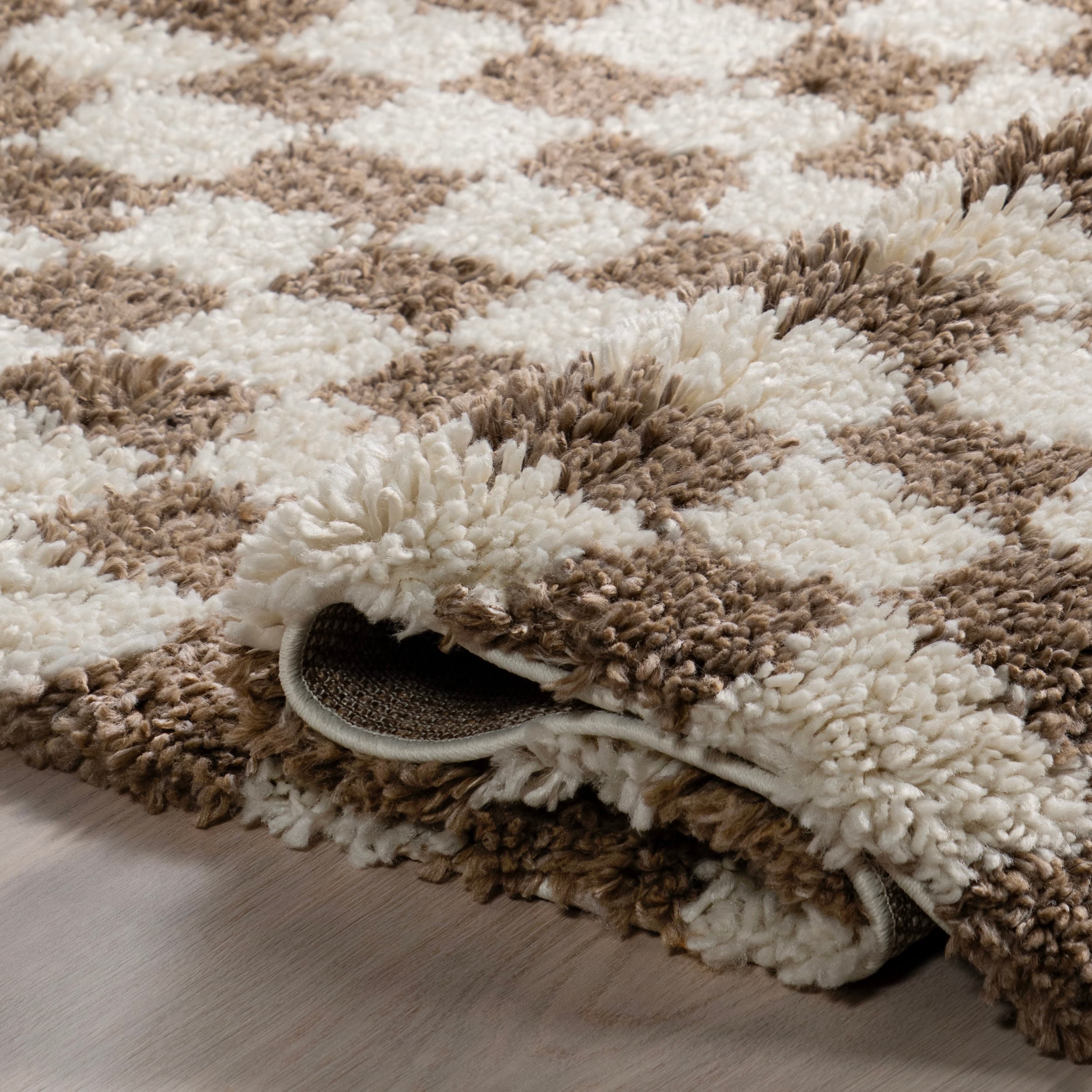 Beige and Brown Checkered Shag Synthetic Area Rug 6' x 9'