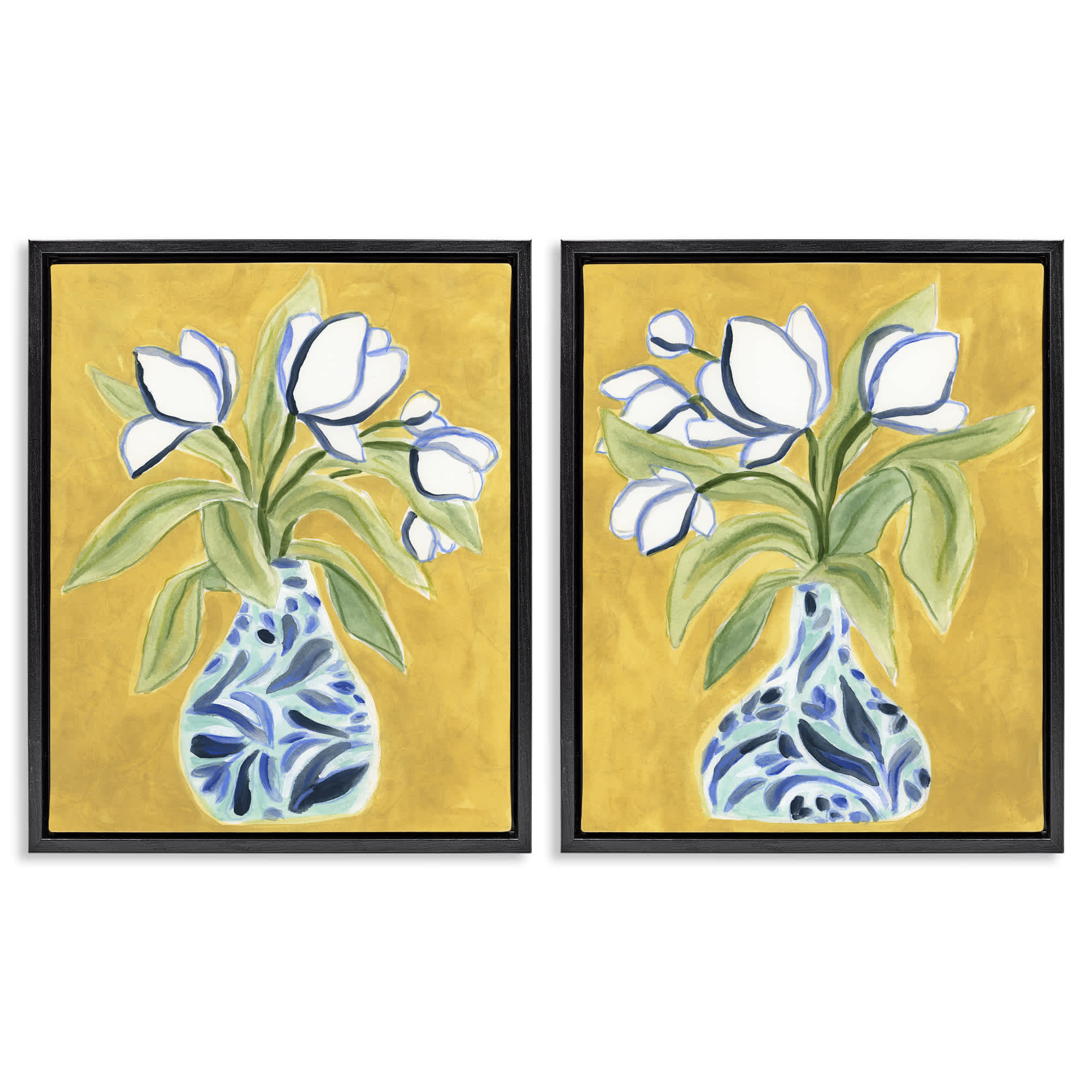 Stupell Industries B2-769-FFB-2PC-16X20 Tulip Vases on Yellow 2pc Floating Frame Set design by June Erica Vess