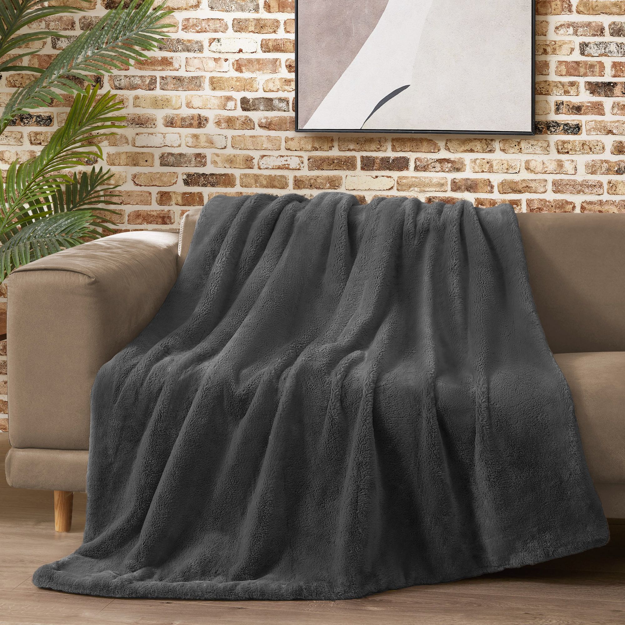 Lucky Brand  Solid Rabbit Mink Dark Gray Faux Fur 50-in x 70-in Throw Blanket