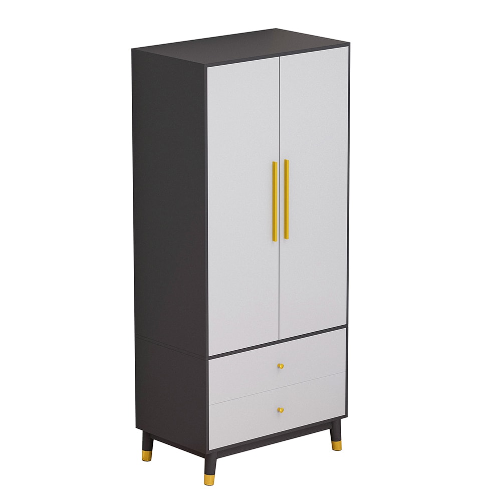  V-KF020243-01 Wardrobe with Gold Hardware 2 Large Drawers Metal Clothes Rail Raised Base for Bedroom Storage