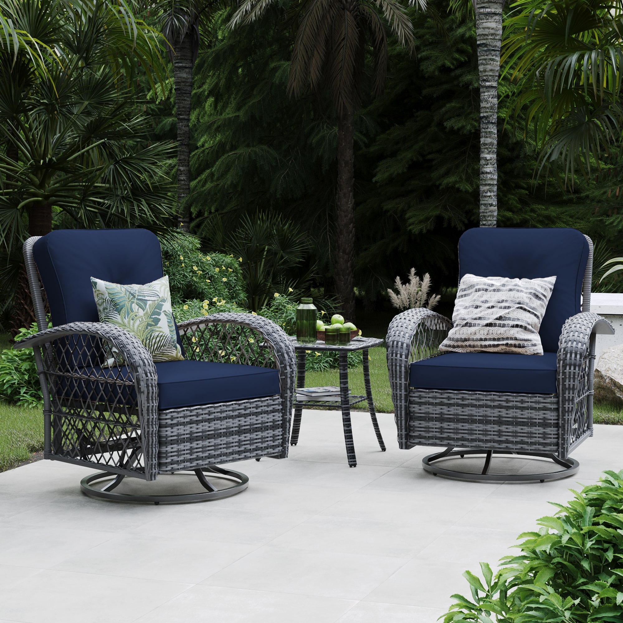 Patio Watcher FTY-B-NABLUE Rocking Chair Set of 2 Rattan Gray Metal Frame Swivel rocker Rocking Chair with Navy Cushioned Seat