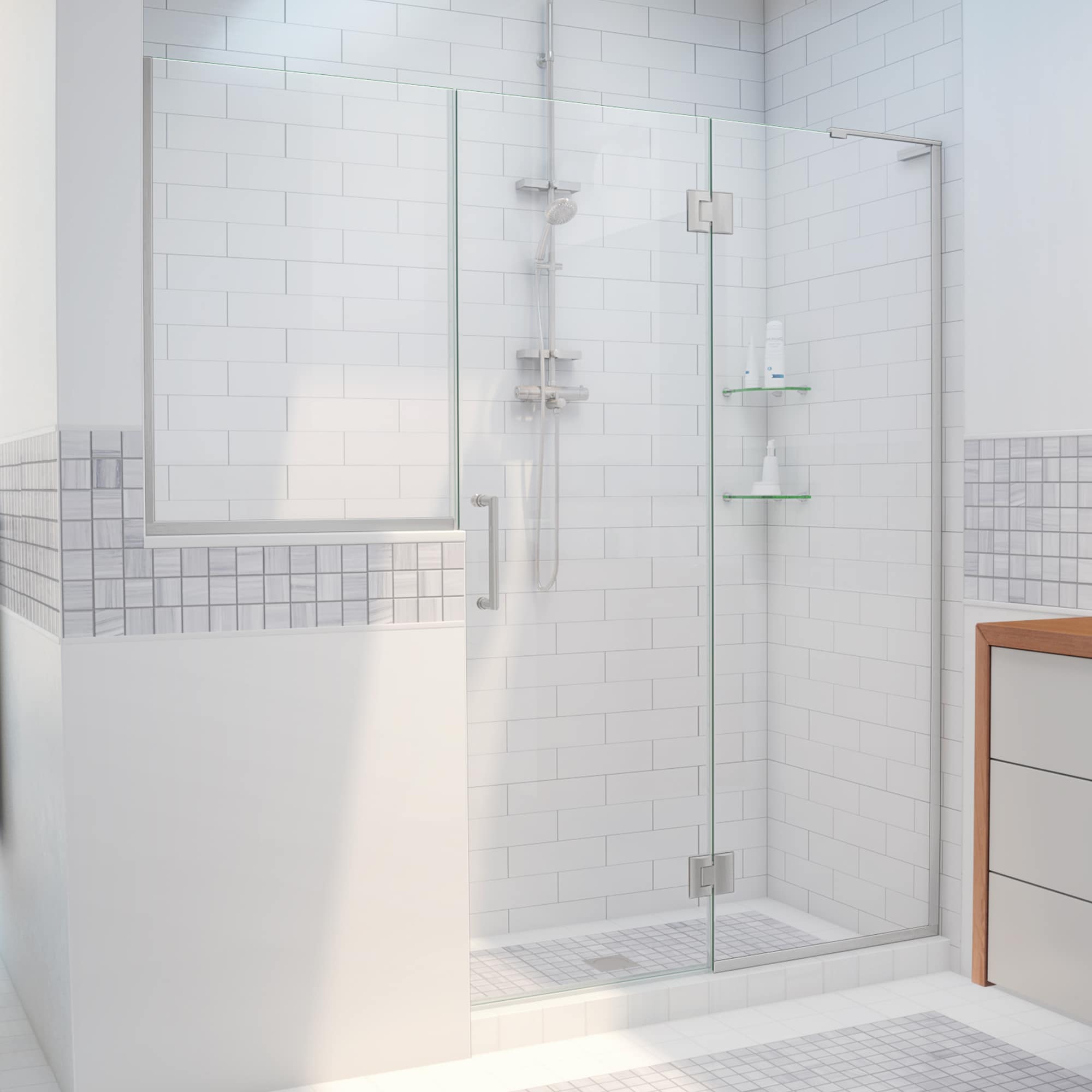 DreamLine D3242434R-04 Unidoor-X Brushed Nickel 72-in to 72-1/2-in W x 72.0-in H Frameless Hinged Shower door 3/8-in Thick Clear Glass