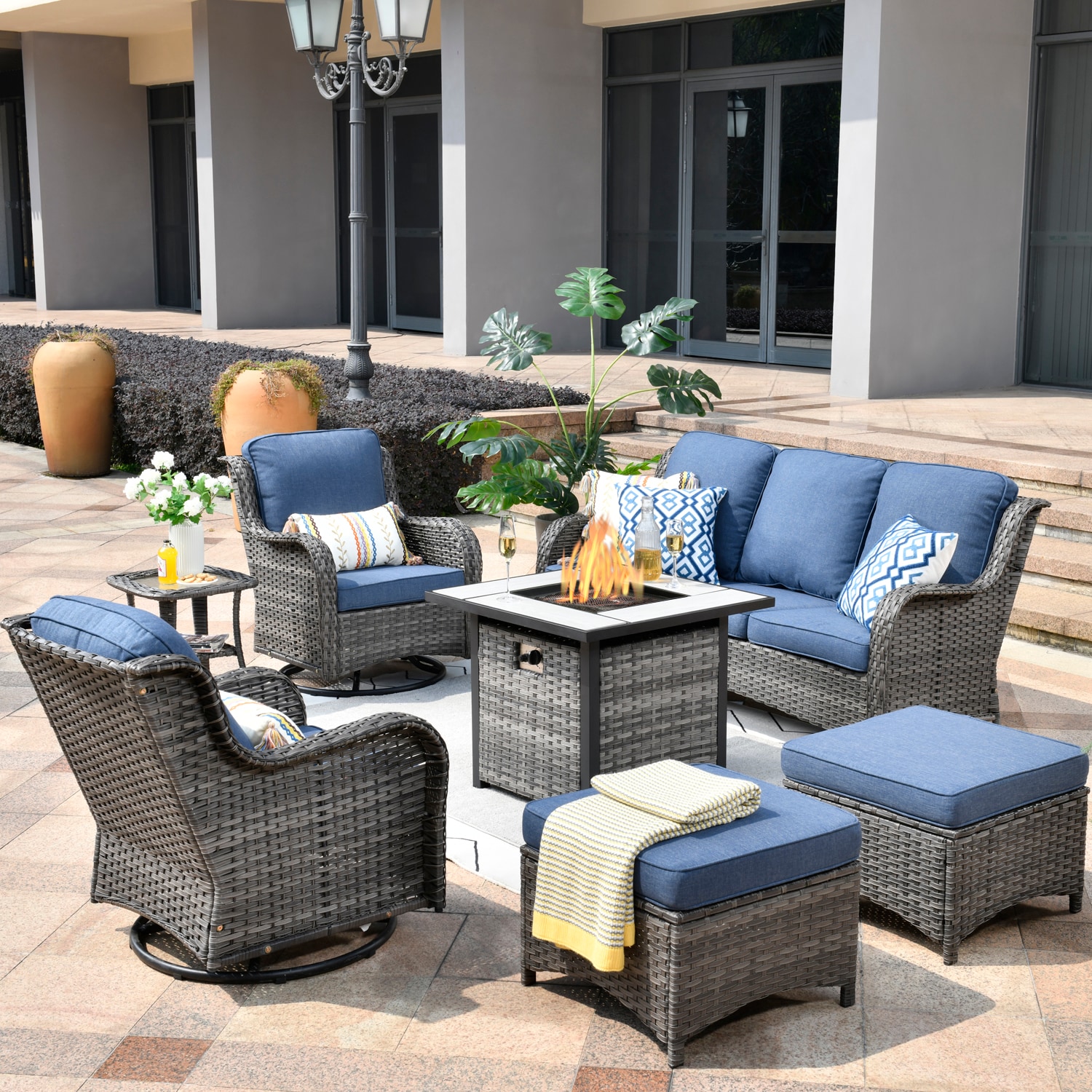 Pouuin 7-Piece Rattan Patio Conversation Set with Blue Olefin Cushions in  the Patio Conversation Sets department at