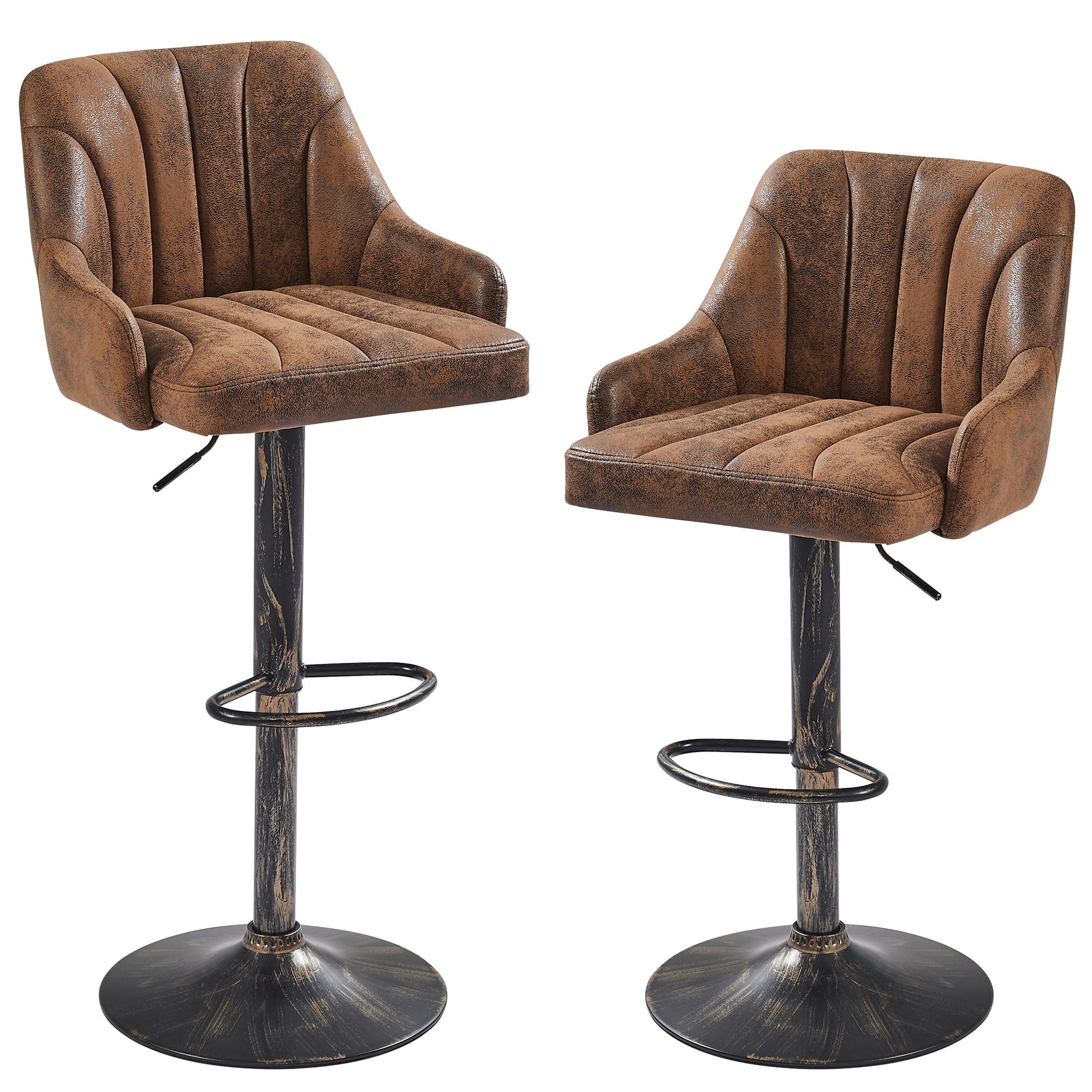 Vecelo Set of 2 Adjustable Bar Stools Swivel Bar Chairs PU Leather Counter Height Bar Stools with Backrest Modern Kitchen Island Bar Seating Brown