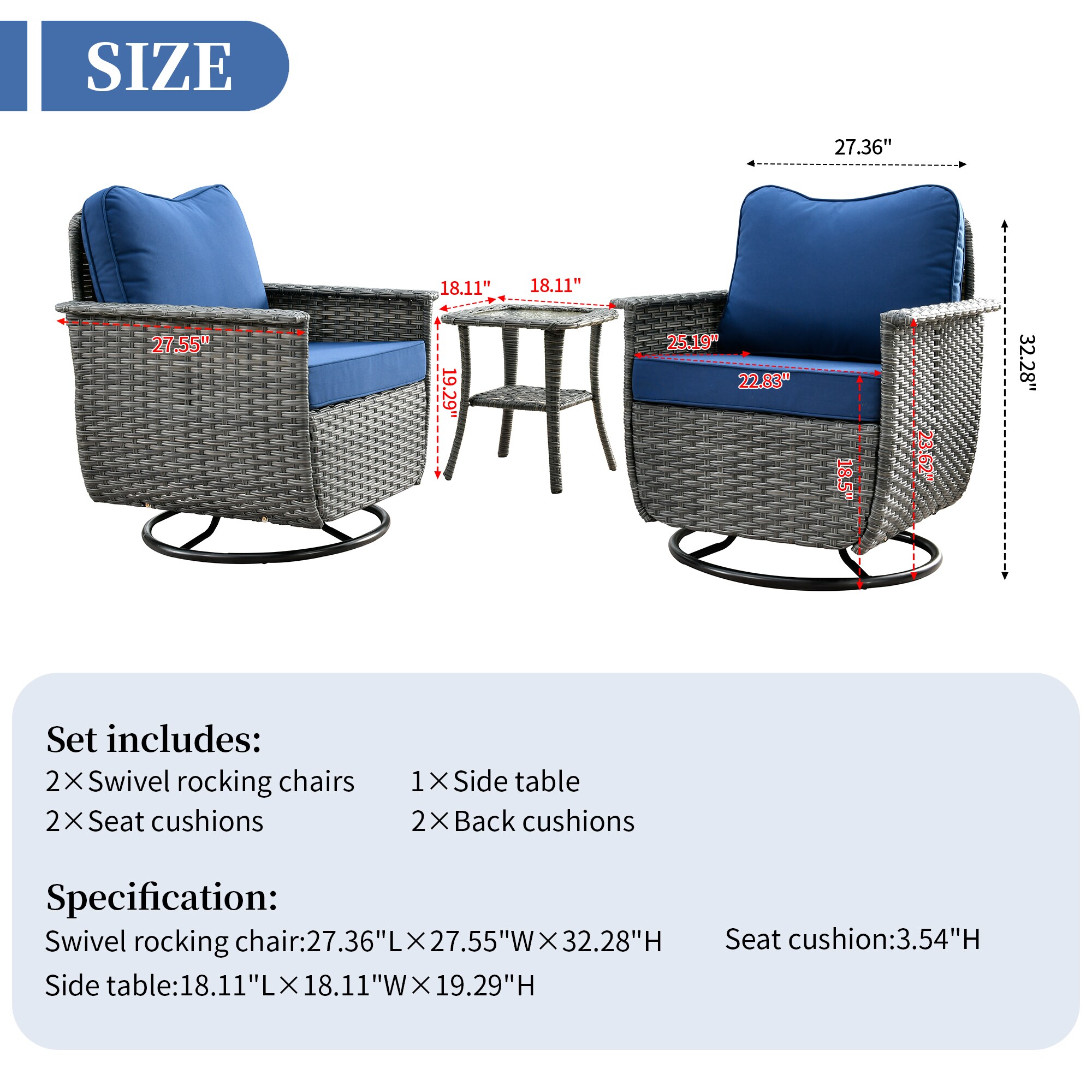 Ovios Nature 3-Piece Wicker Patio Conversation Set with Blue Cushions ...