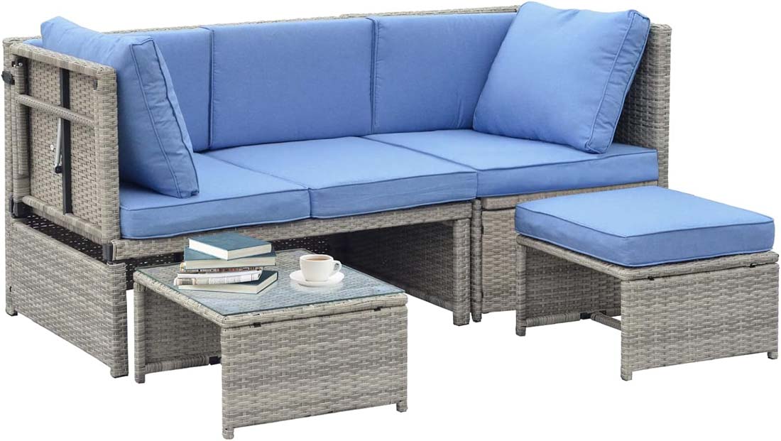 Damerin N7CS53 4 -Piece Wicker Patio Sofa Conversation Set with Blue Cushions
