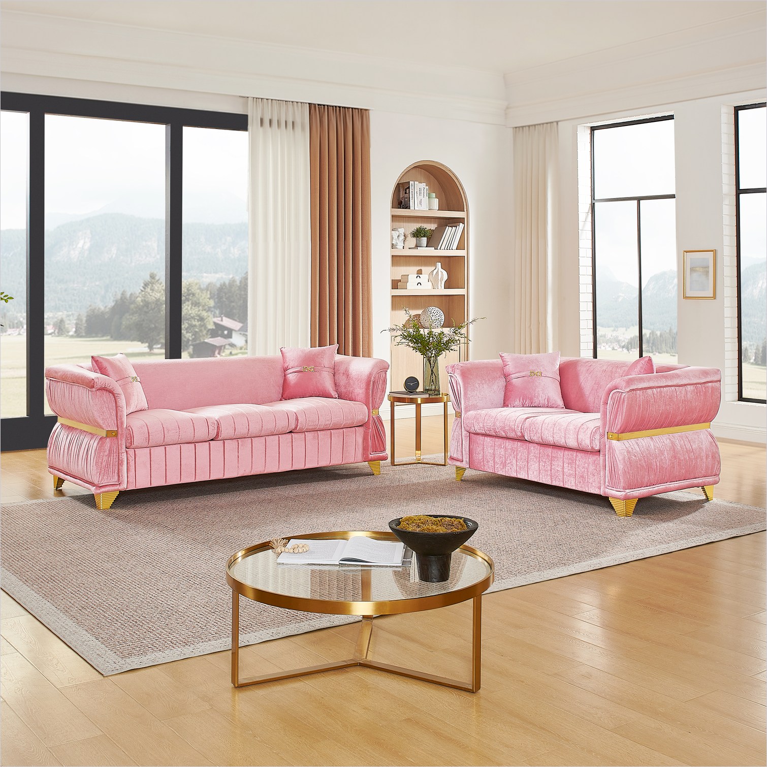 Watnature Velvet Sofa Set with Gold Legs Warm Pink 3-Seater and 2-Seater Modern Living Room