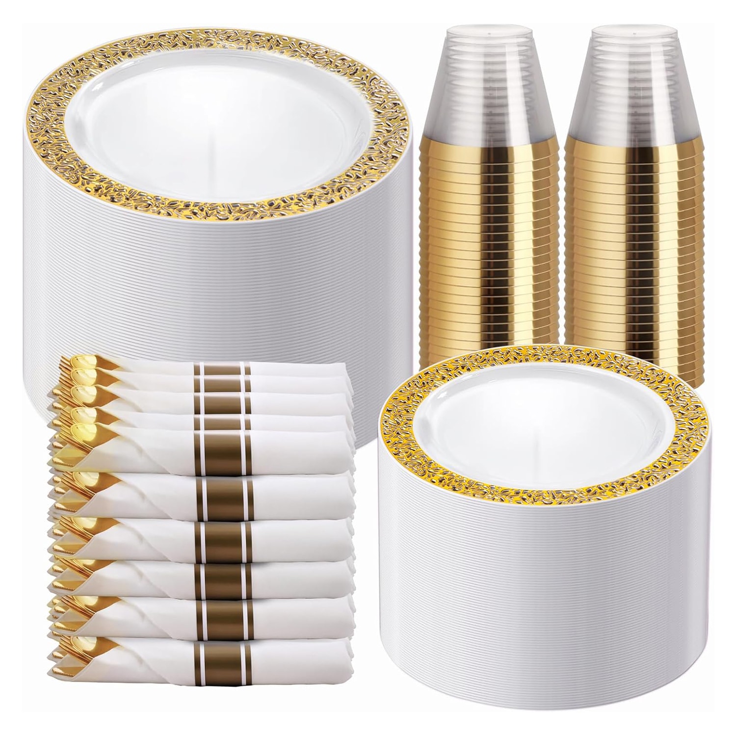 Etokfoks  Gold Plastic Dinnerware Party Set with Plates Napkins Silverware and Cups 350 Piece Collection
