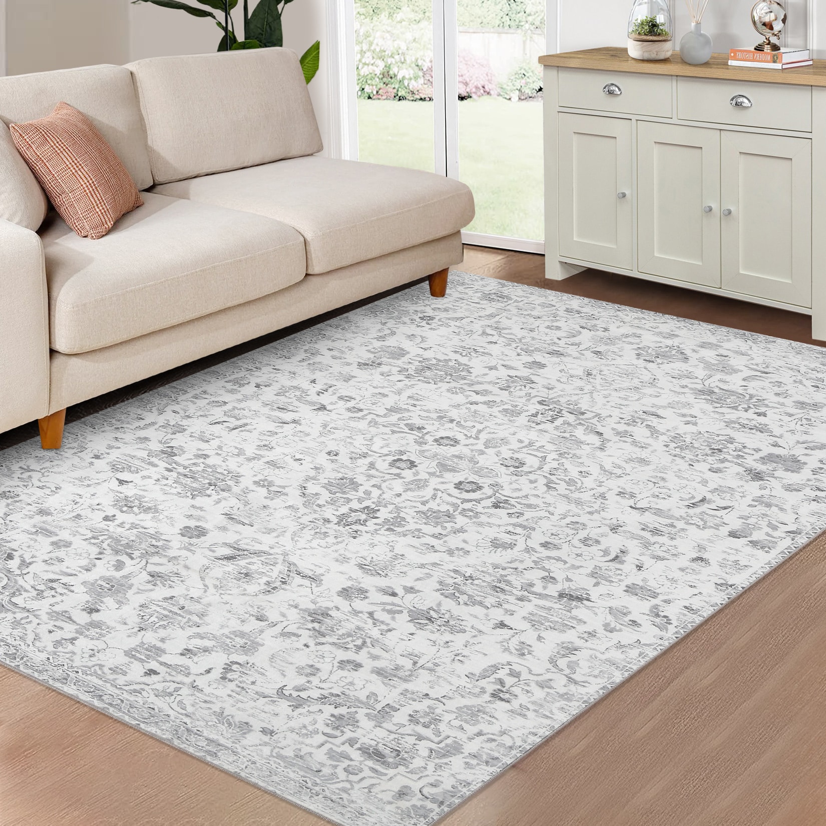 Garvee YXY-LO-PHO-0ZKXLJGI 10 x 13 (ft) Loomed Polyester Gray Rectangular Indoor Floral/Botanical Vintage Machine washable Area rug