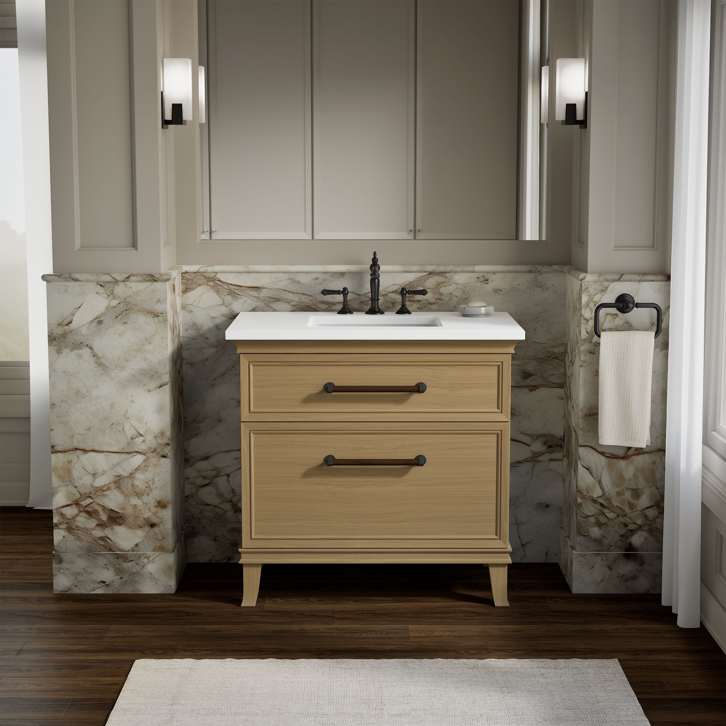 KOHLER Artifacts 36-in Light Oak with Miami White Top with Black Hardware Undermount Single Sink Bathroom Vanity with White Quartz Top