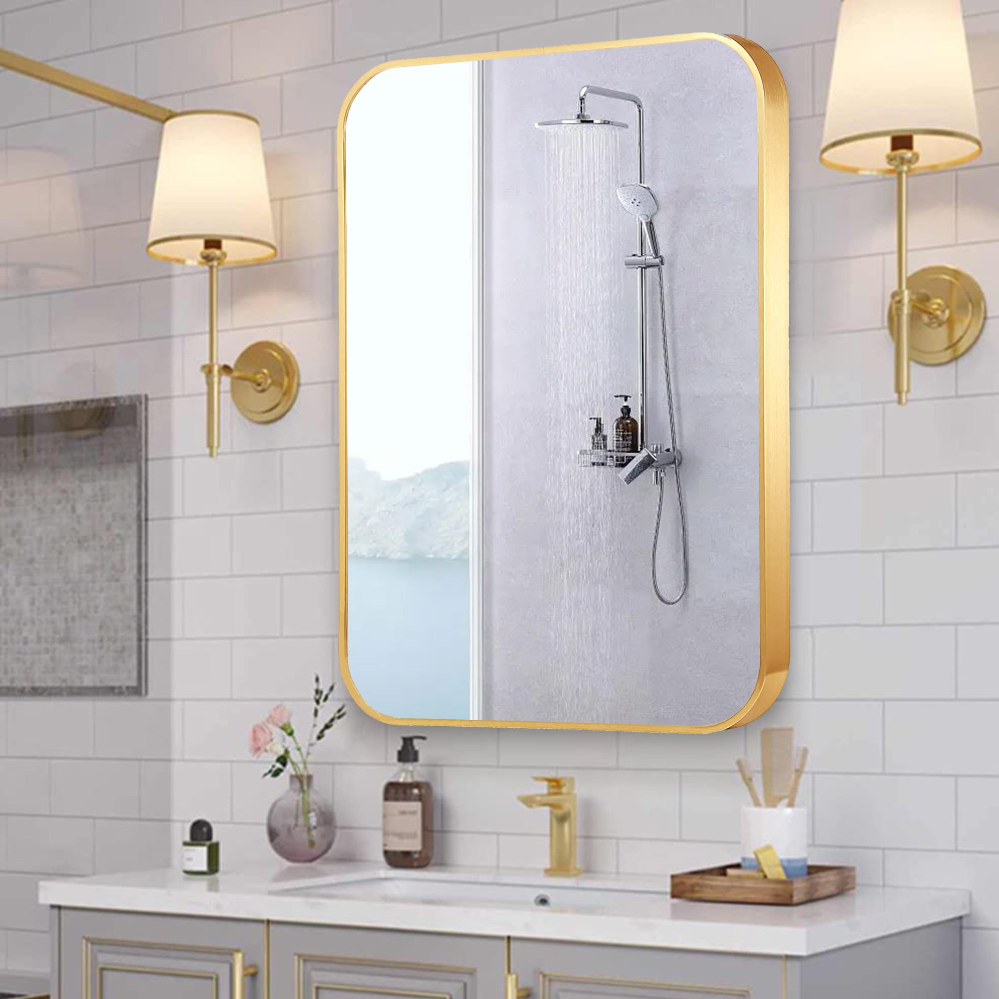 AAZJ BS 24-in x 32-in Framed Bathroom Vanity Mirror (Gold) JKF-MR3036G ...