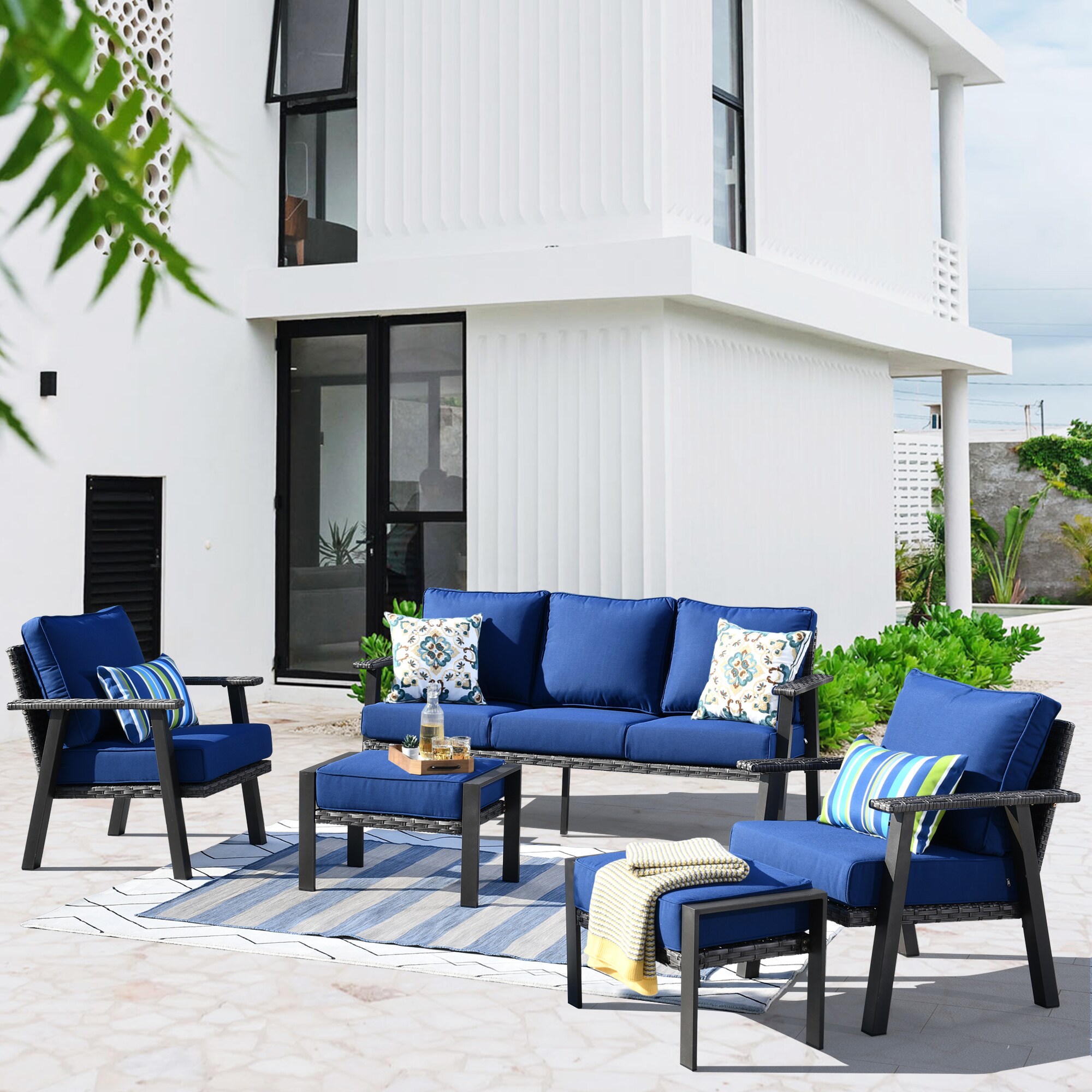 Pouuin SHW70TC05 5 -Piece Rattan Patio Sofa Conversation Set with Blue Cushions