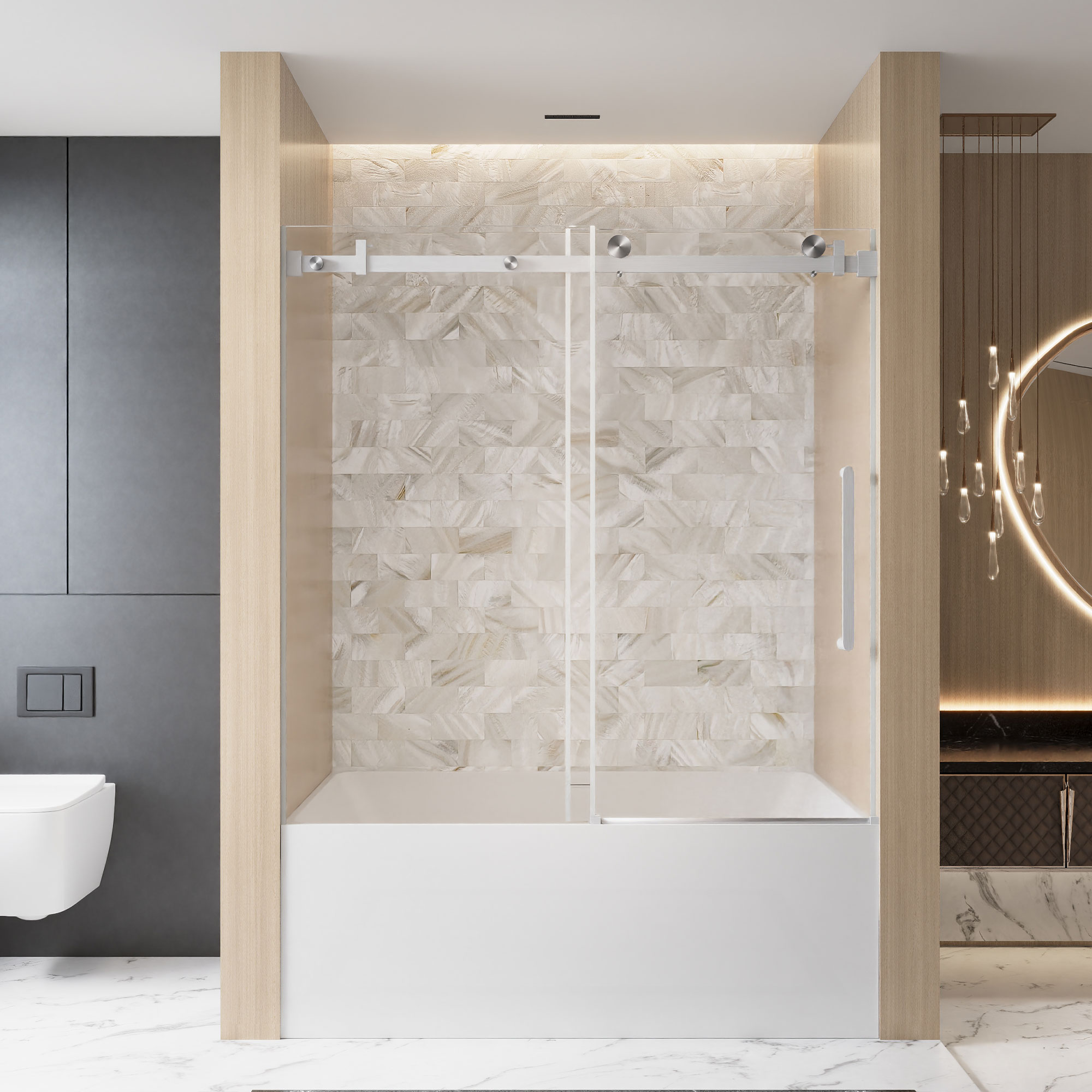 Forclover Brushed Nickel 56-in to 60-in W x 60-in H Frameless Clear Glass Sliding Bathtub door