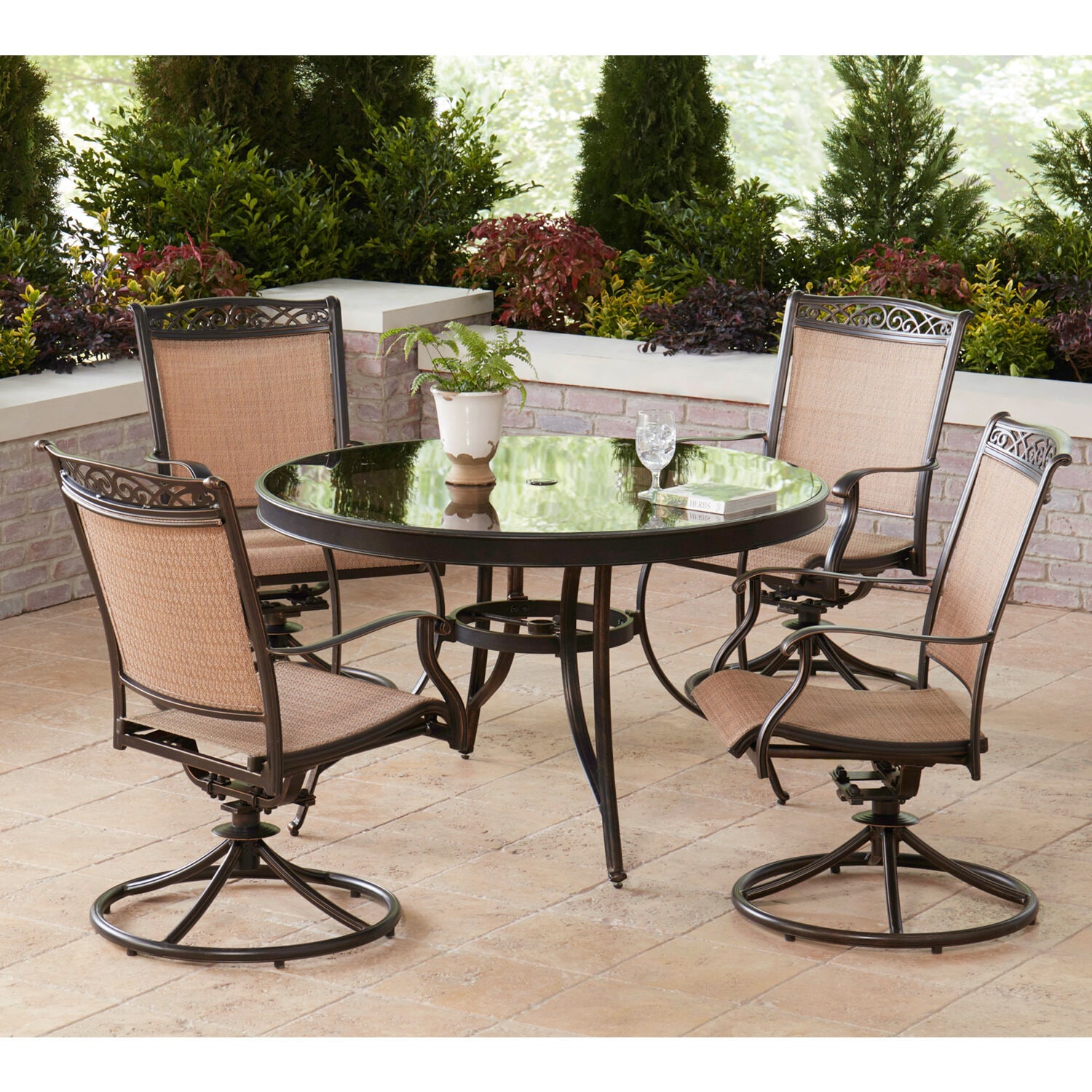 Hanover Fontana 5 Piece Bronze Woven Patio Dining Set Aluminum Round Table With 4 Swivel Rocker 3270