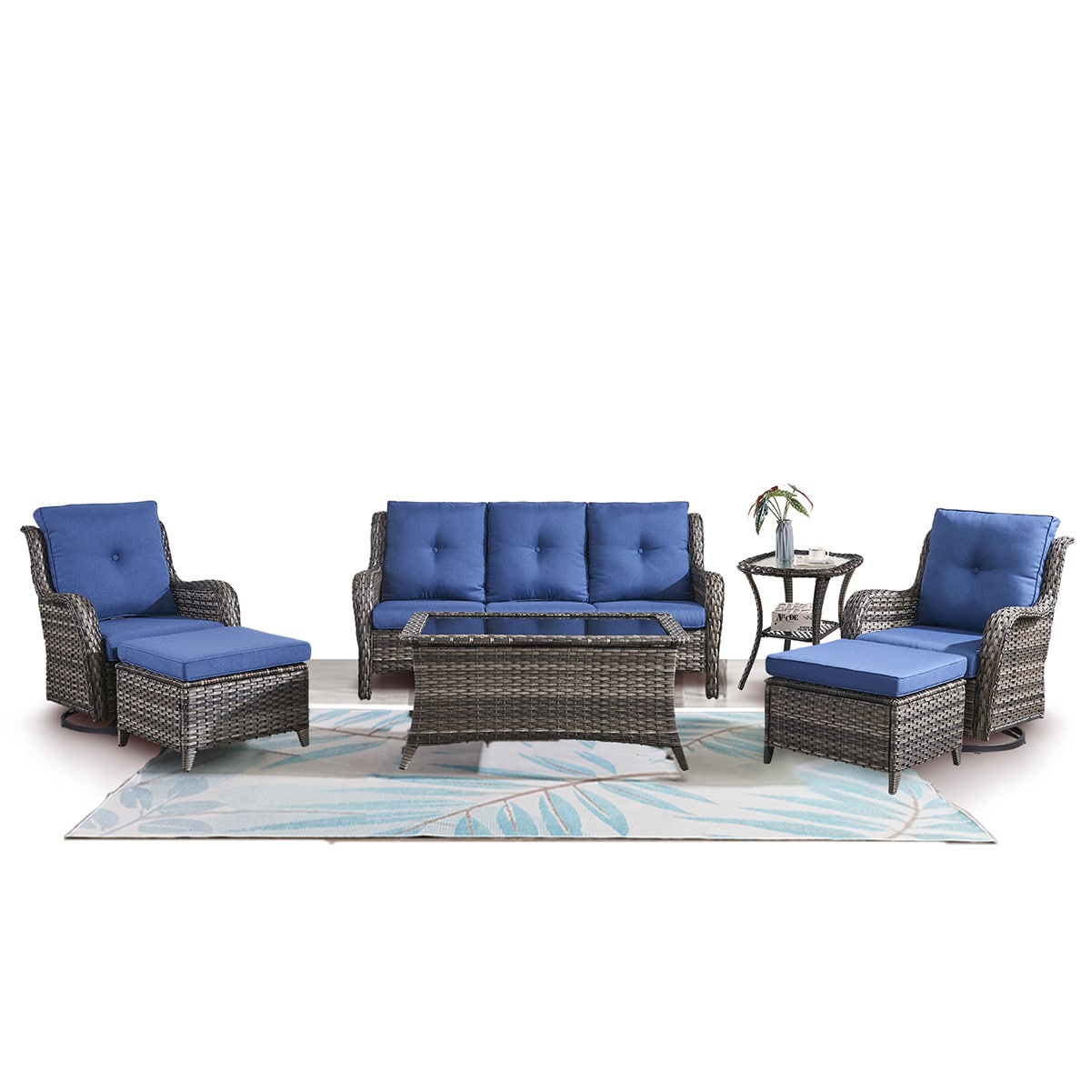 Rilyson FS024015016019026-1 7 -Piece Wicker Patio Sofa Conversation Set with Blue Cushions