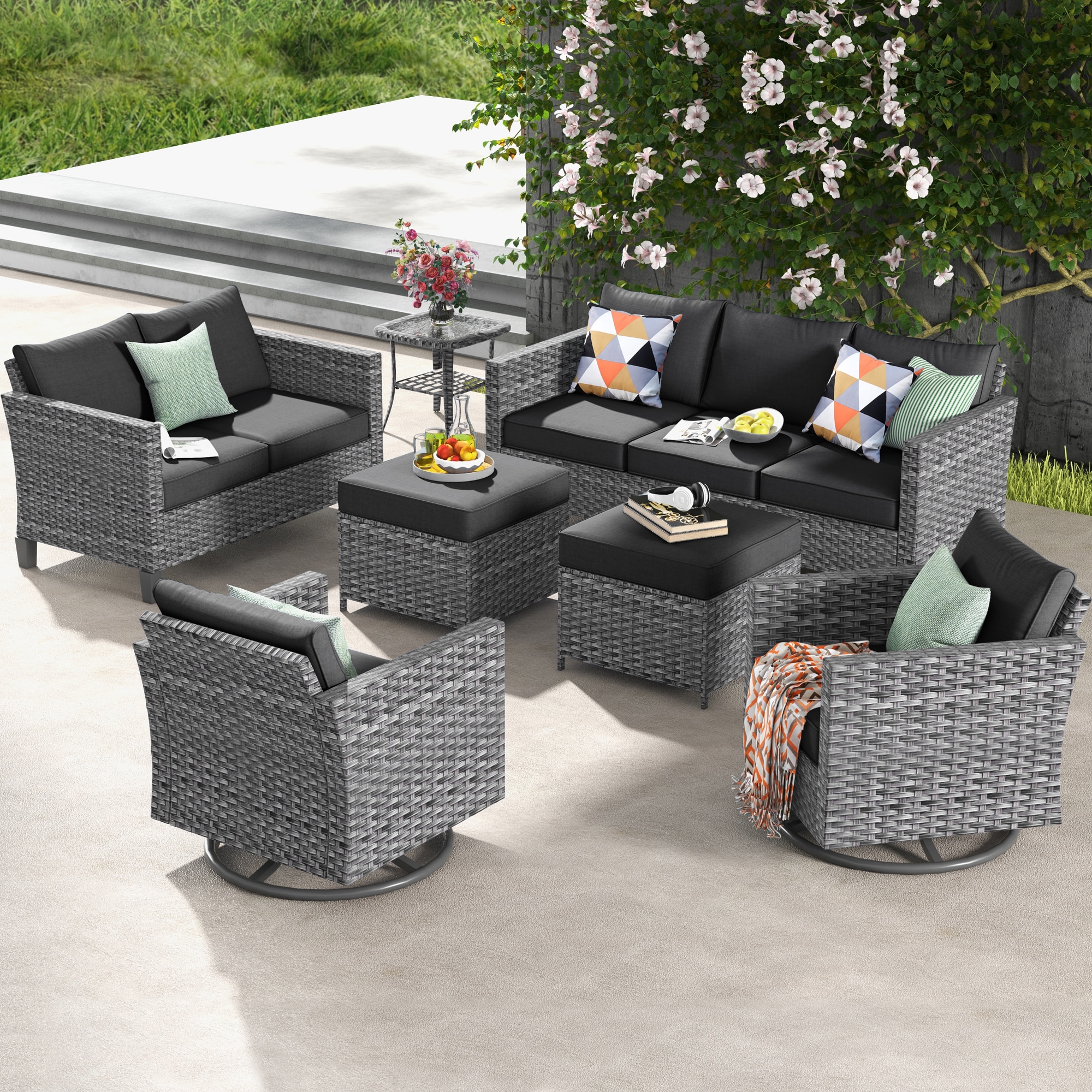 Ovios LRS100-7Y 7-Piece Wicker Patio Sofa Conversation Set with Black Cushions