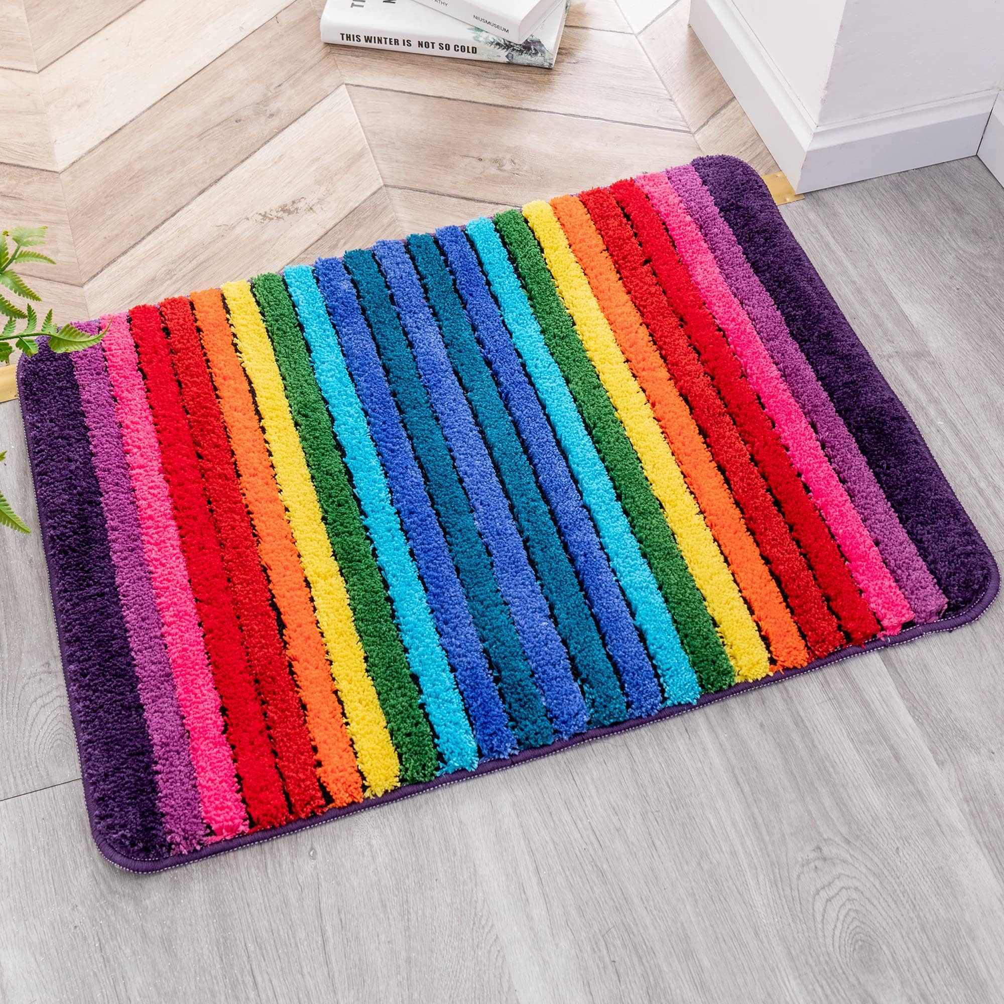 SenQWFa  Rainbow Striped Bath Mat Colorful Soft Plush Absorbent Non Slip Bathroom Rug Microfiber Machine Washable 19 X27 durable home and garden