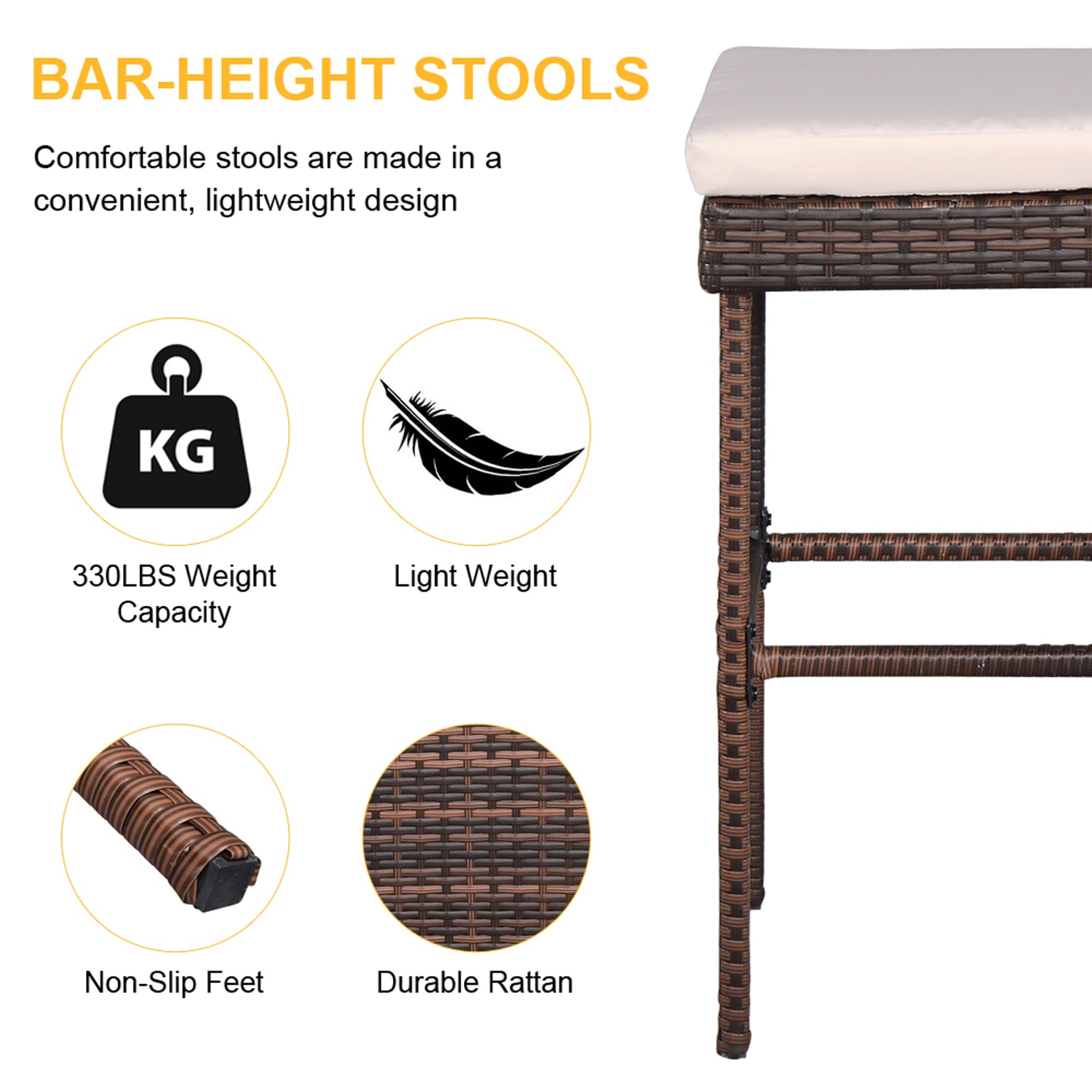 Off-white Cushioned Wicker Barstool Bistro Set with Glass Top Table
