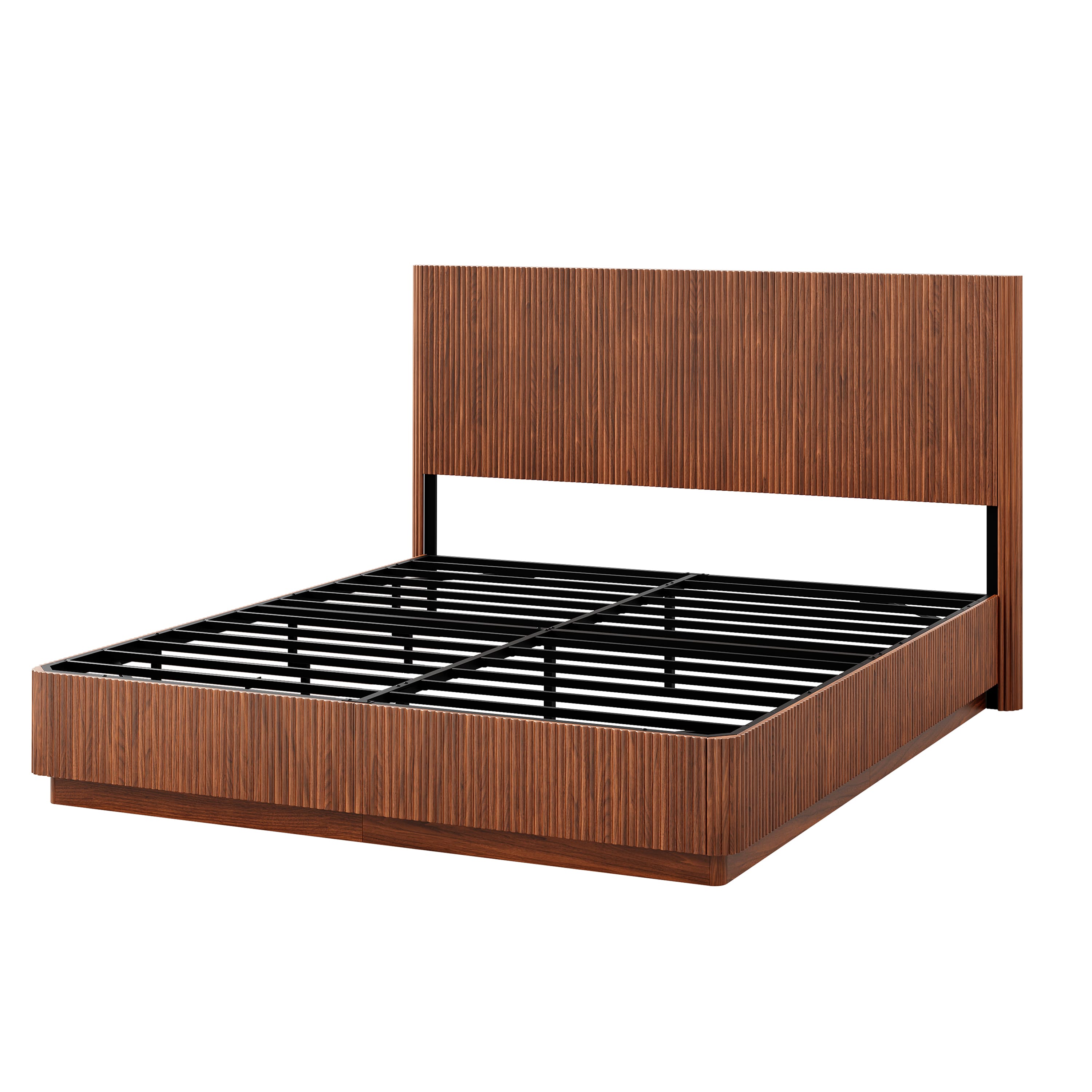 Vynxaria Walnut MDF Steel Frame Queen Platform Bed with Modern Curved Lines Wooden Corrugated Design No Box Spring Needed one_size in Brown