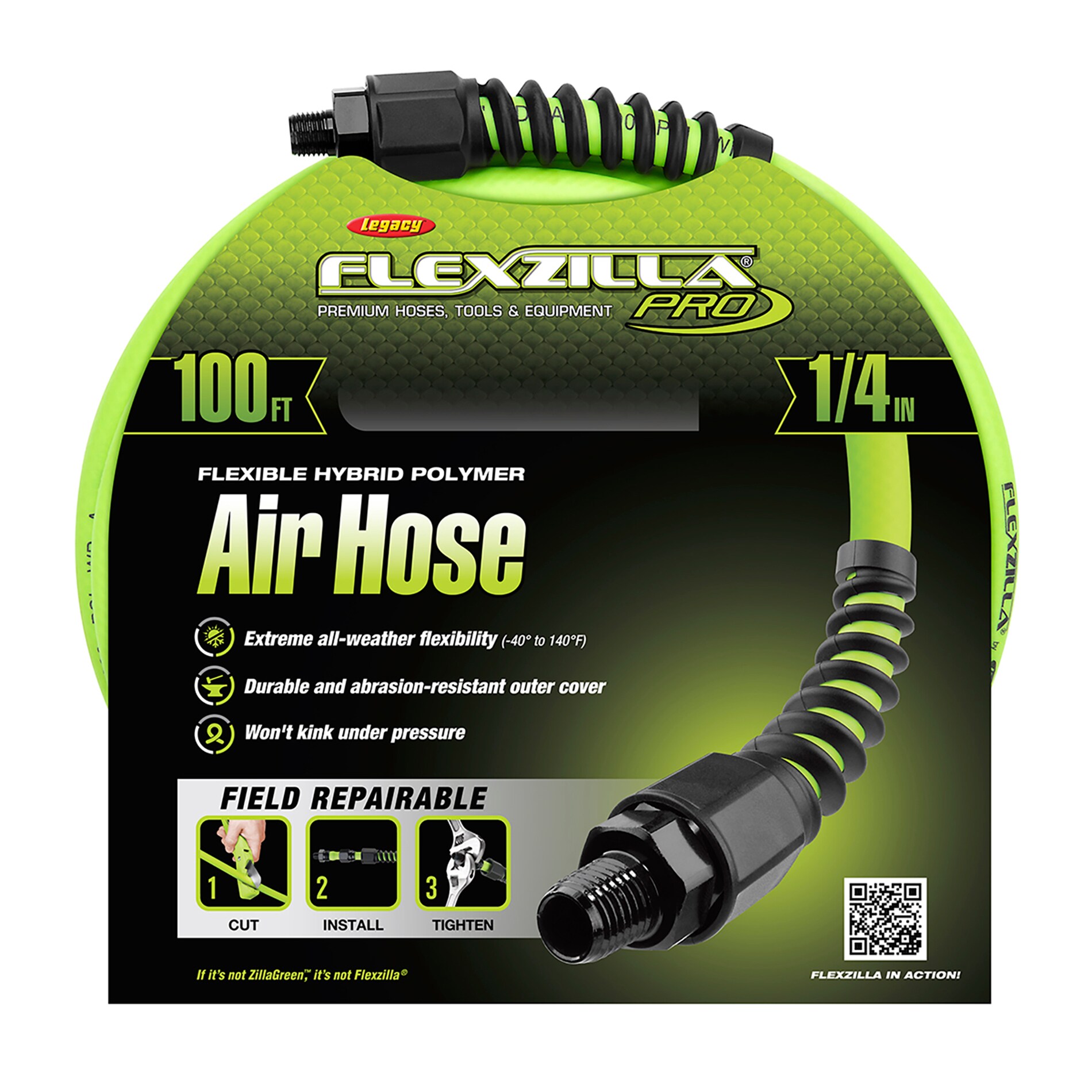 Flexzilla Pro Air Hose, 1/4-in x 100-ft, 1/4-in Mnpt Fittings in