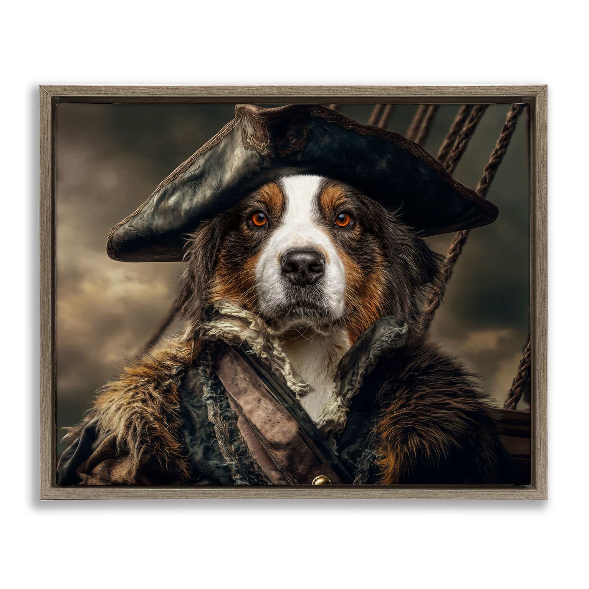 Stupell Industries BY-756-FFE-24X30 Barking Buccaneer Pirate Dog Brown Floating Frame Canvas Art 31 x 25
