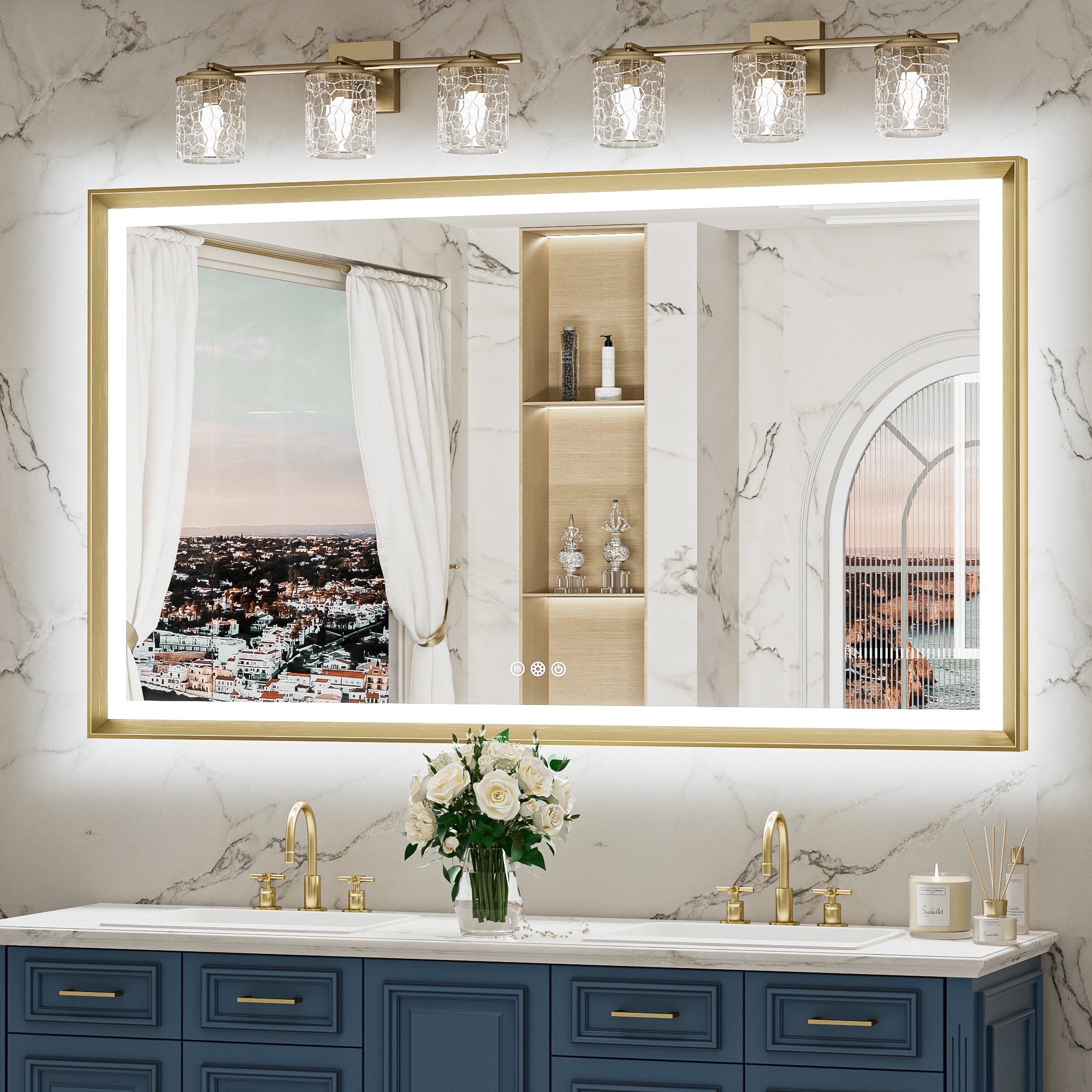 Keonjinn LW-ZBGSSW-15291GD 60-in x 36-in Framed Rectangle Dimmable LED Lighted Fog Free Bathroom Vanity Mirror ( Brushed Gold )