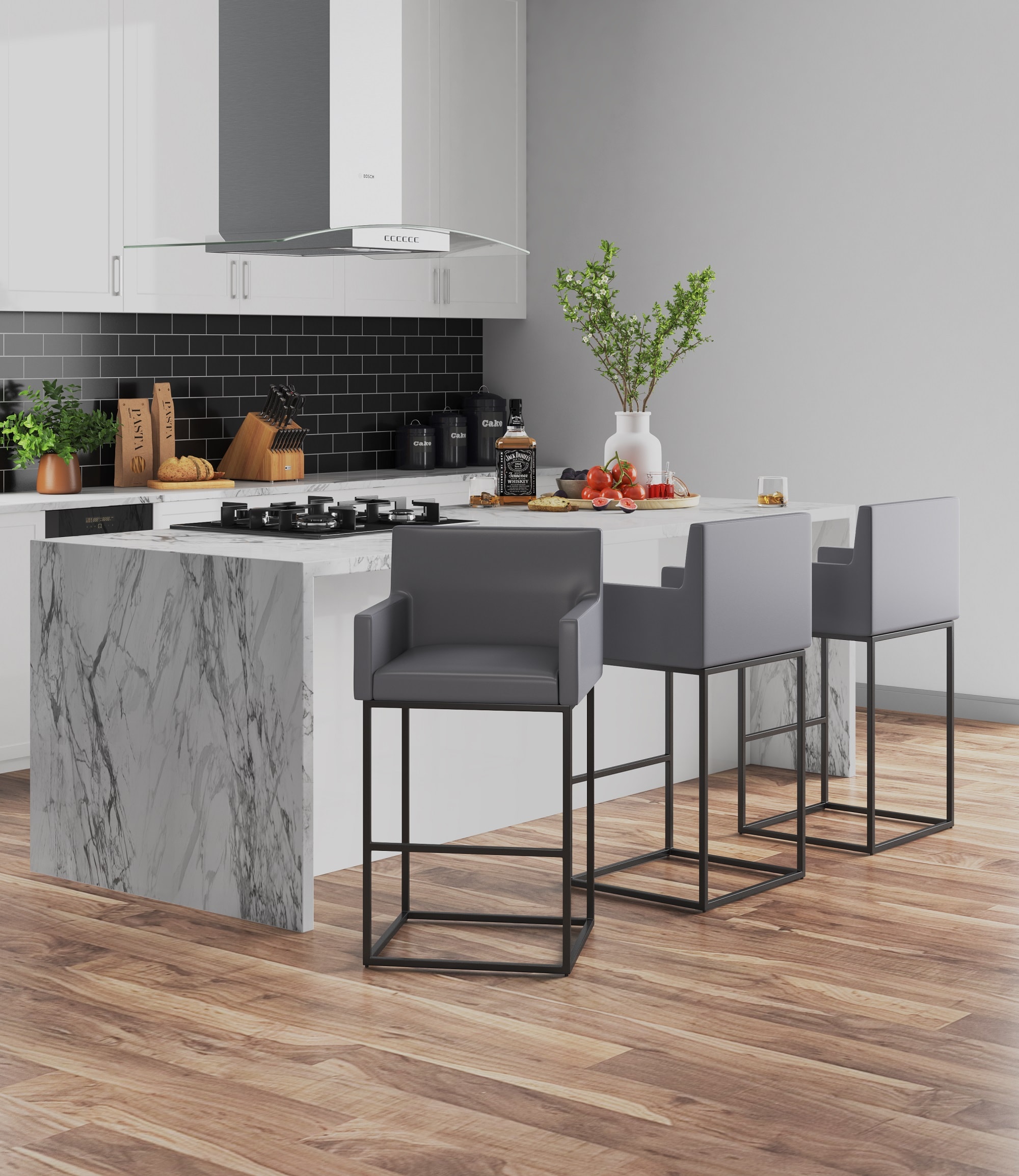 Manhattan Comfort 2-BS017-GY Ambassador 2 -Set Grey and Black 30-in H Bar height Square seat Upholstered Metal Bar Stool with Arms and Back