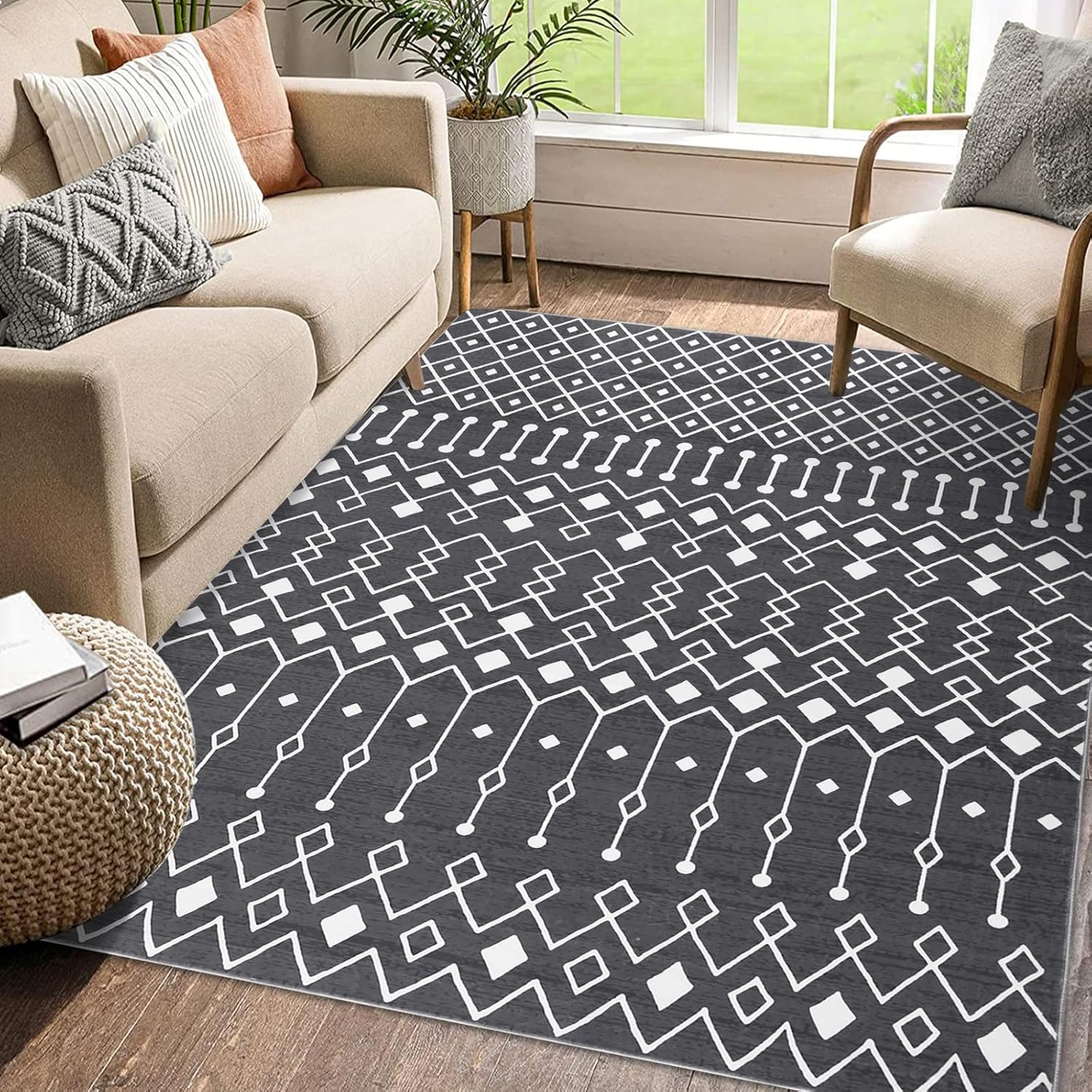 Qeetex LXL-PHO-118YE34A GarveeHome Living Room Rug Washable Area Rug Non-Slip Soft Rug for Bedroom Low Pile No-Shedding Carpet Boho Indoor Rugs Nursery Dinning Room Office Grey