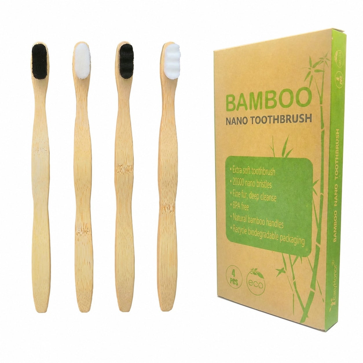 Yichuhaoxi  Extra Soft Bamboo Toothbrush for Sensitive Teeth and Gums Ultra Fine Bristles Ergonomic Grip Eco Friendly Paper Pack 4 pack