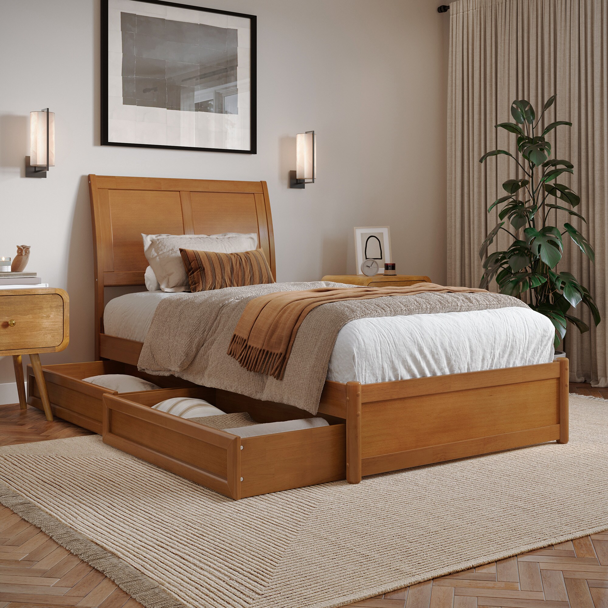 AFI AR898711T Twin extra long Light Toffee Wood Platform Bed Storage with Headboard