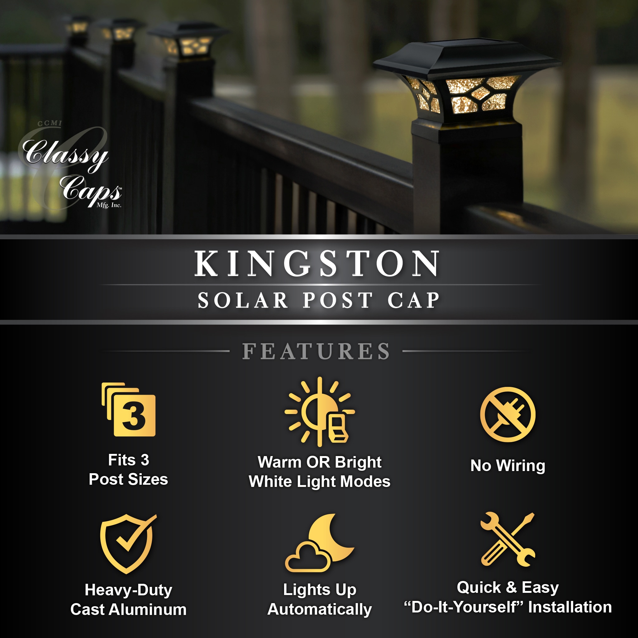 Black Aluminum LED Solar Post Cap with Glass Lens
