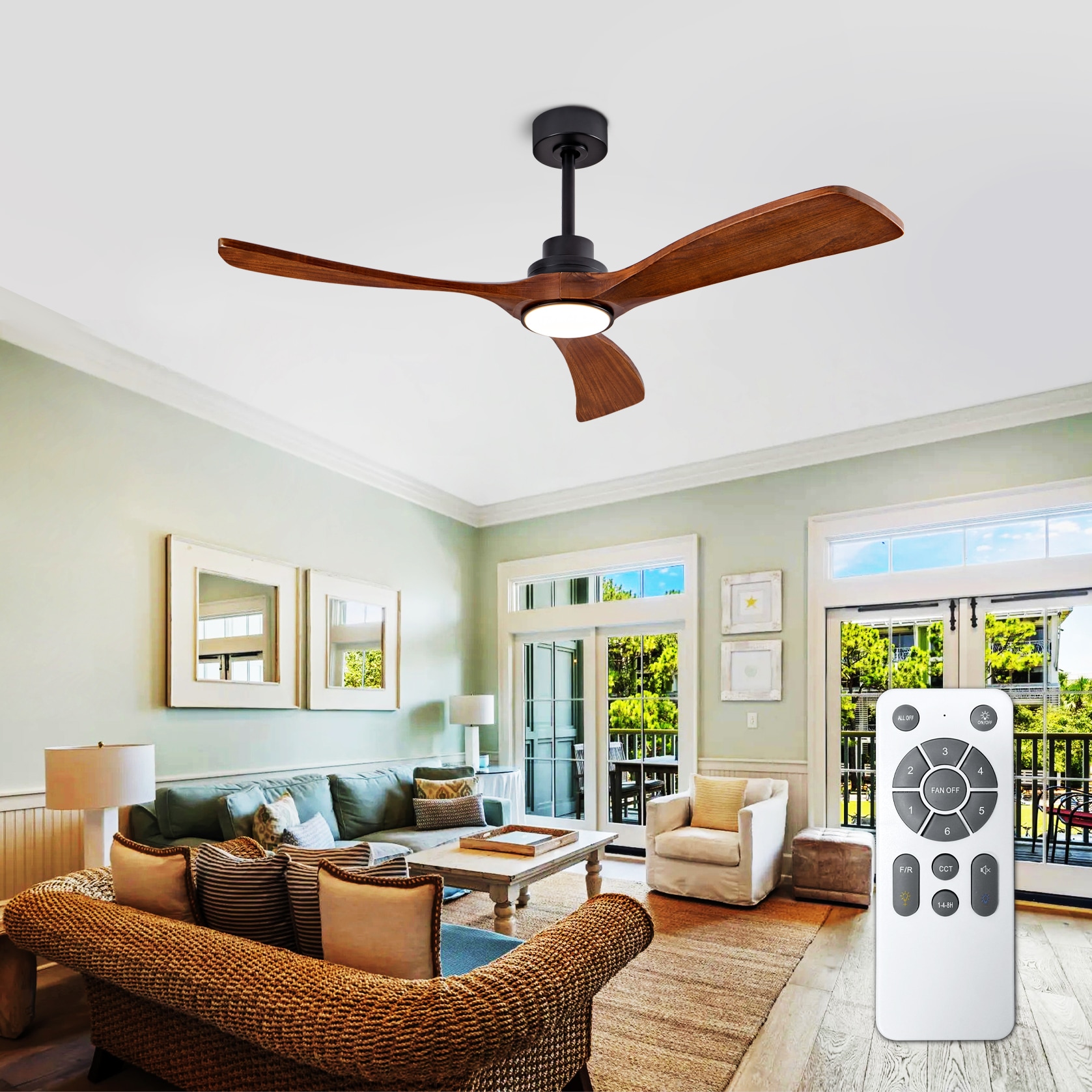JUSHUA 52 inch Black and Brown Indoor Ceiling Fan with Light Remote 3CCT Dimmable LED Timer and 3 Walnut Solid Wood Blades