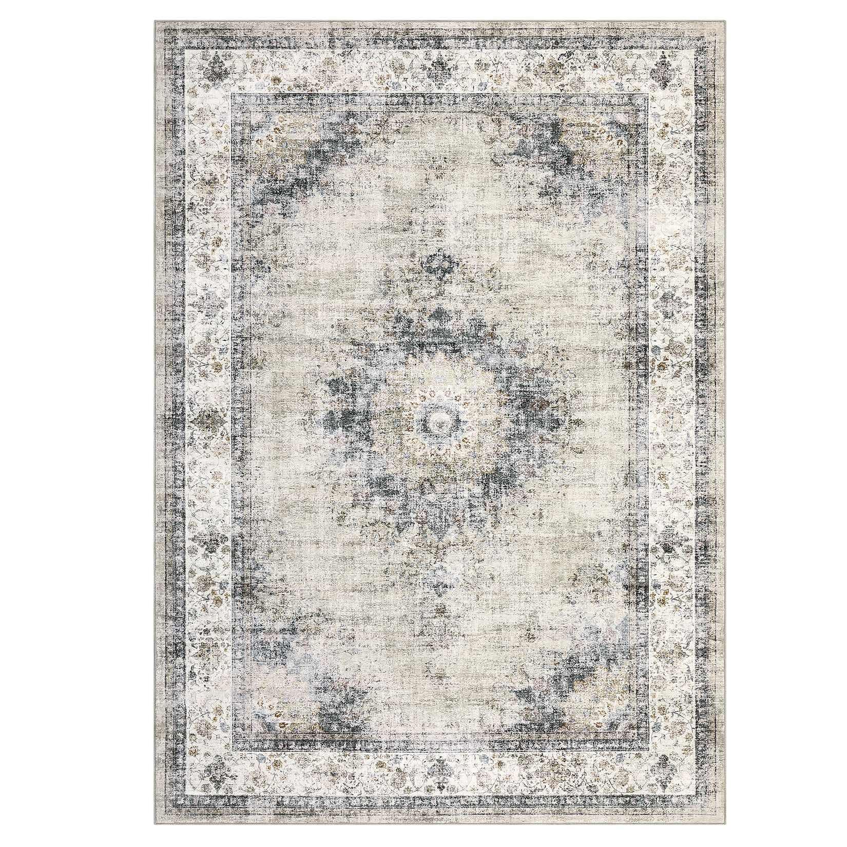 Qeetex SUNNY-PHO-33BFHQDD 8 x 10 ft Polyester Light Green Rectangular Living Room Bedroom Dining Room Floral Medallion Vintage Machine Washable Area Rug