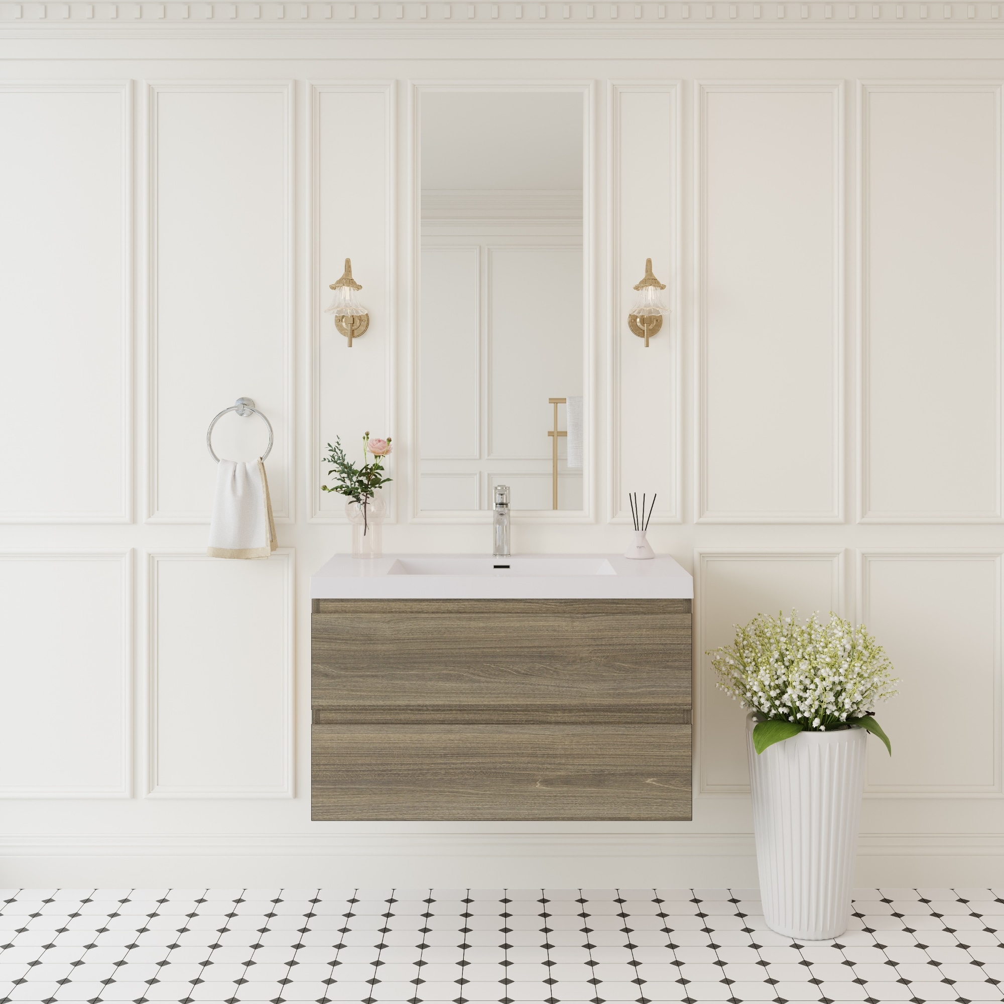 Wooakway 36-in Floating Bathroom Vanity with Sink Wall-Mounted Bathroom Vanity Cabinet with Glossy White Resin Top Soft-Close Drawers Water-Resistant Ash Gray Finish