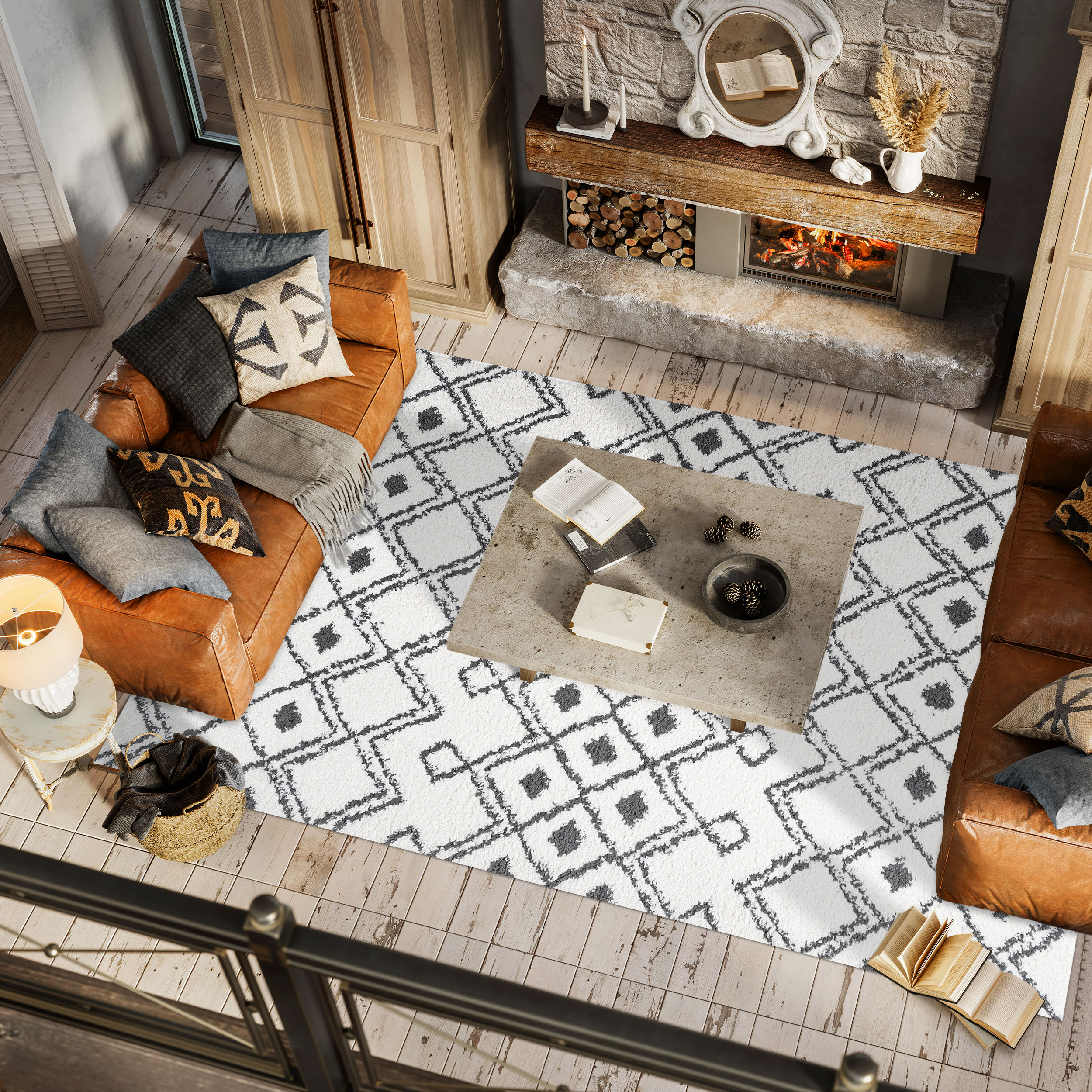 3'x5' Black and White Moroccan Diamond Shag Area Rug