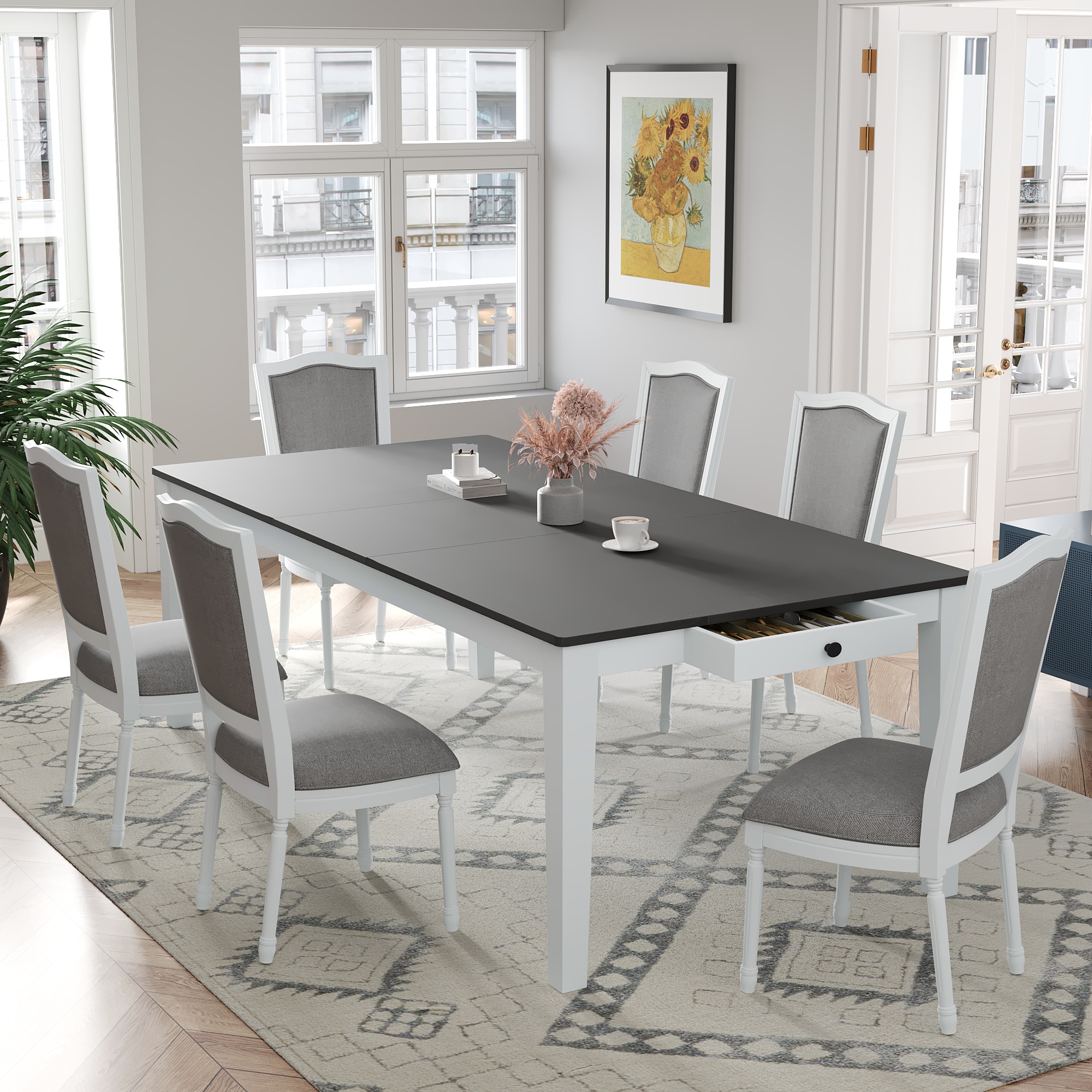ModernLuxe SP000078AAE Rustic 7 Piece 78.1inch E tendable Dining Table Set with 18inch Removable Leaf6 Upholstered Dining Chairs2 Built in DrawersDark Gray White