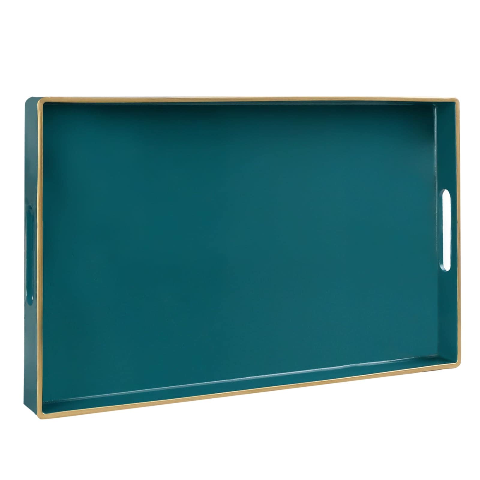 Aoibox  15 8 in L x 10 2 in W x 1 4 in H Teal Rectangular Plastic Serving Tray with Gold Edging and Oval Handles