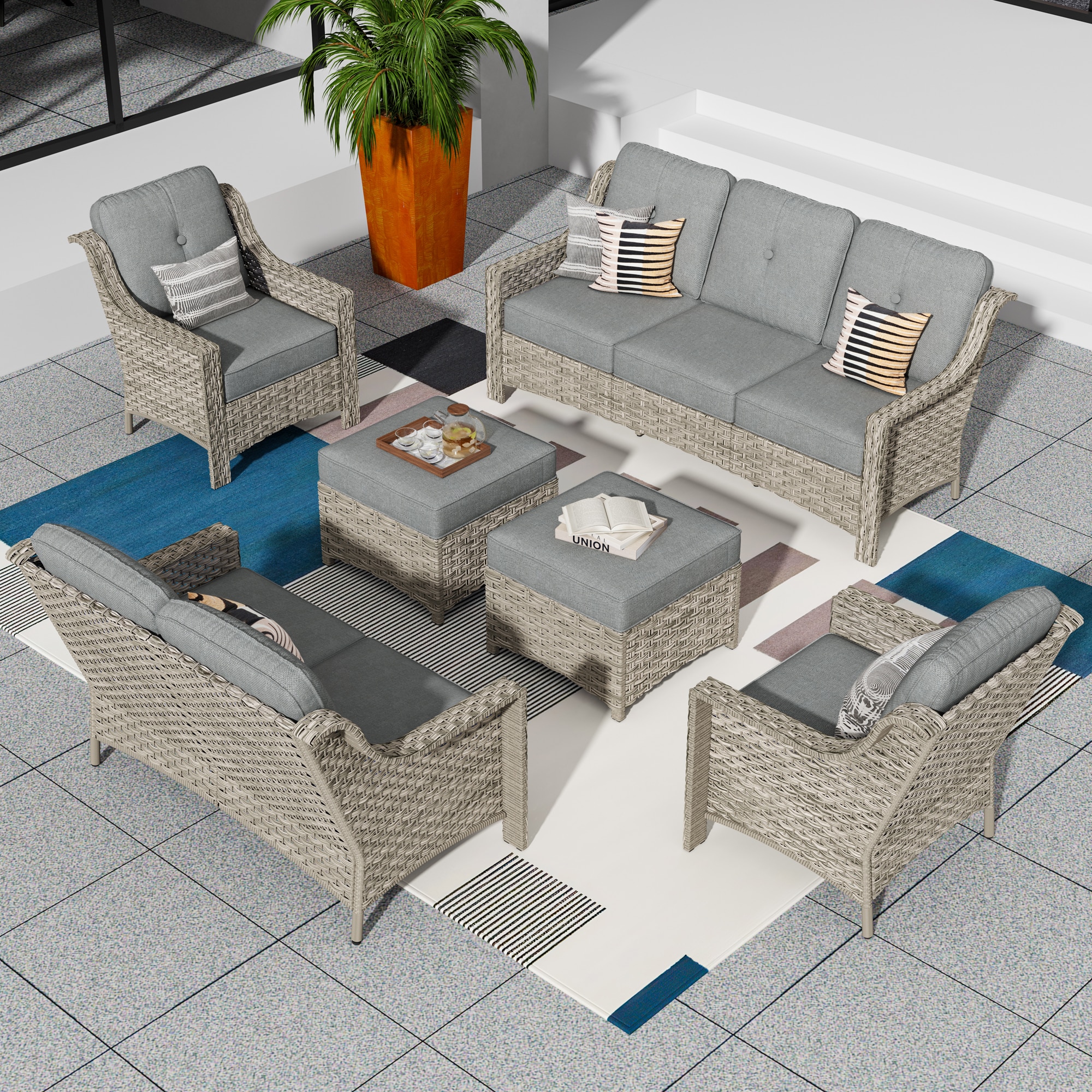 XIZZI XIPADF2164 6 -Piece Rattan Patio Sofa Conversation Set with Dark Gray Cushions