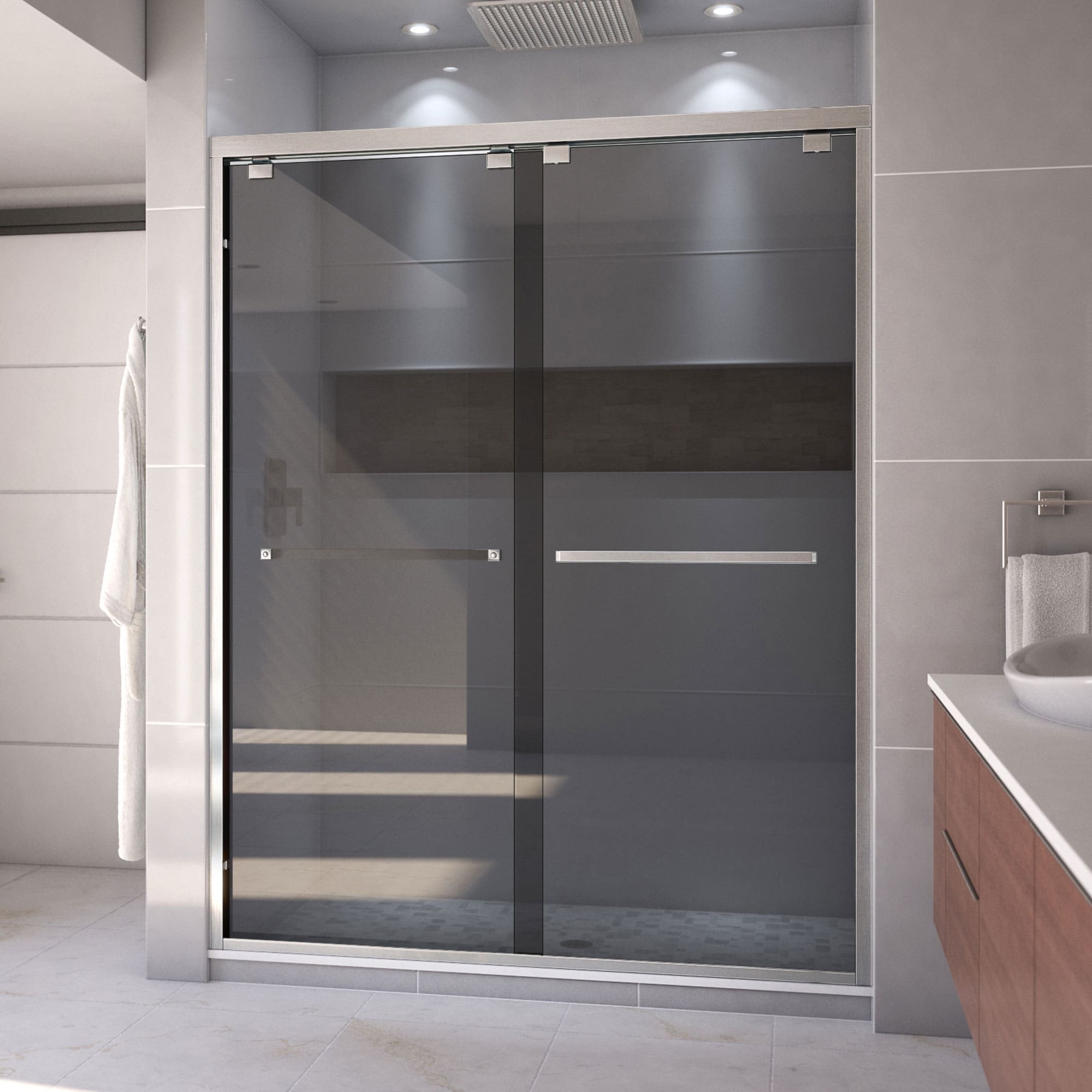 DreamLine SHDR-166076G-04 Encore Brushed Nickel 56-in to 60-in W x 76-in H Semi-frameless Bypass Sliding Shower door 5/16-in Thick Smoke gray Glass