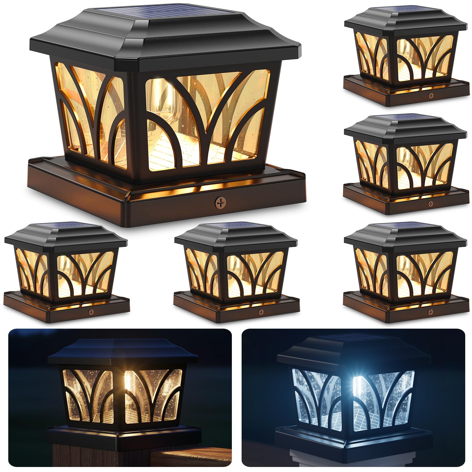 Afoxsos  Solar Post Cap Lights Outdoor Aluminum Glass Edison LED Bulbs for 4x4 5x5 6x6 Vinyl Wooden Posts Deck Fence Patio Decor Warm White Cool