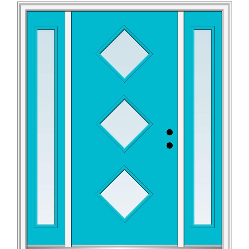 MMI DOOR ZZ346230L Spotlights 60-in x 80-in x 4-9/16-in Fiberglass Pulse lite Left-hand inswing Bahama Blue Painted Prehung Front Door with Sidelights with Brickmould Insulating core