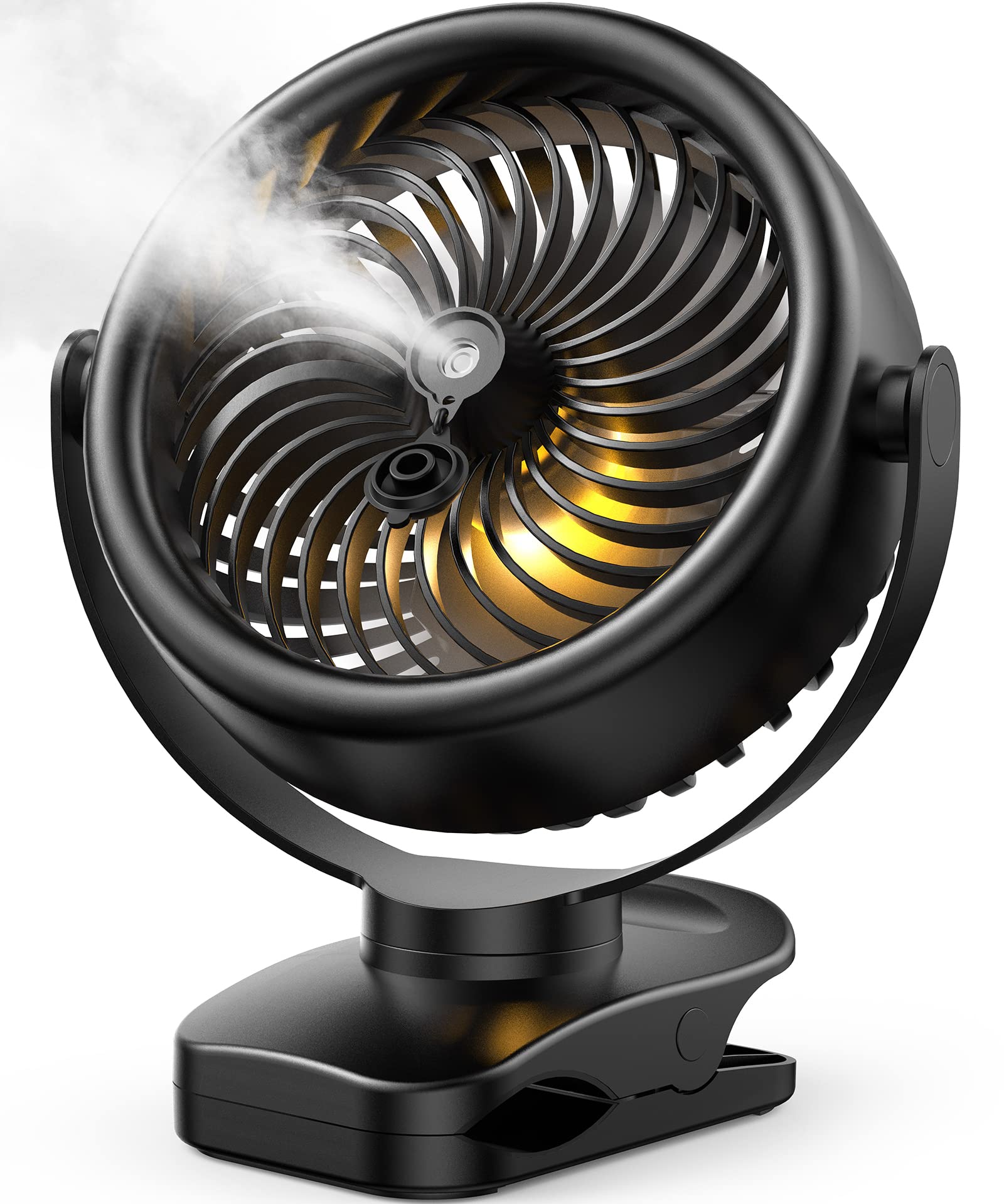 ITOPFOX  7 Inch Portable Misting Fan Clip On 360 Degree Rotatable 130ml Tank 4 Speeds Timer Night Light for Office Travel Camping Golf Cart