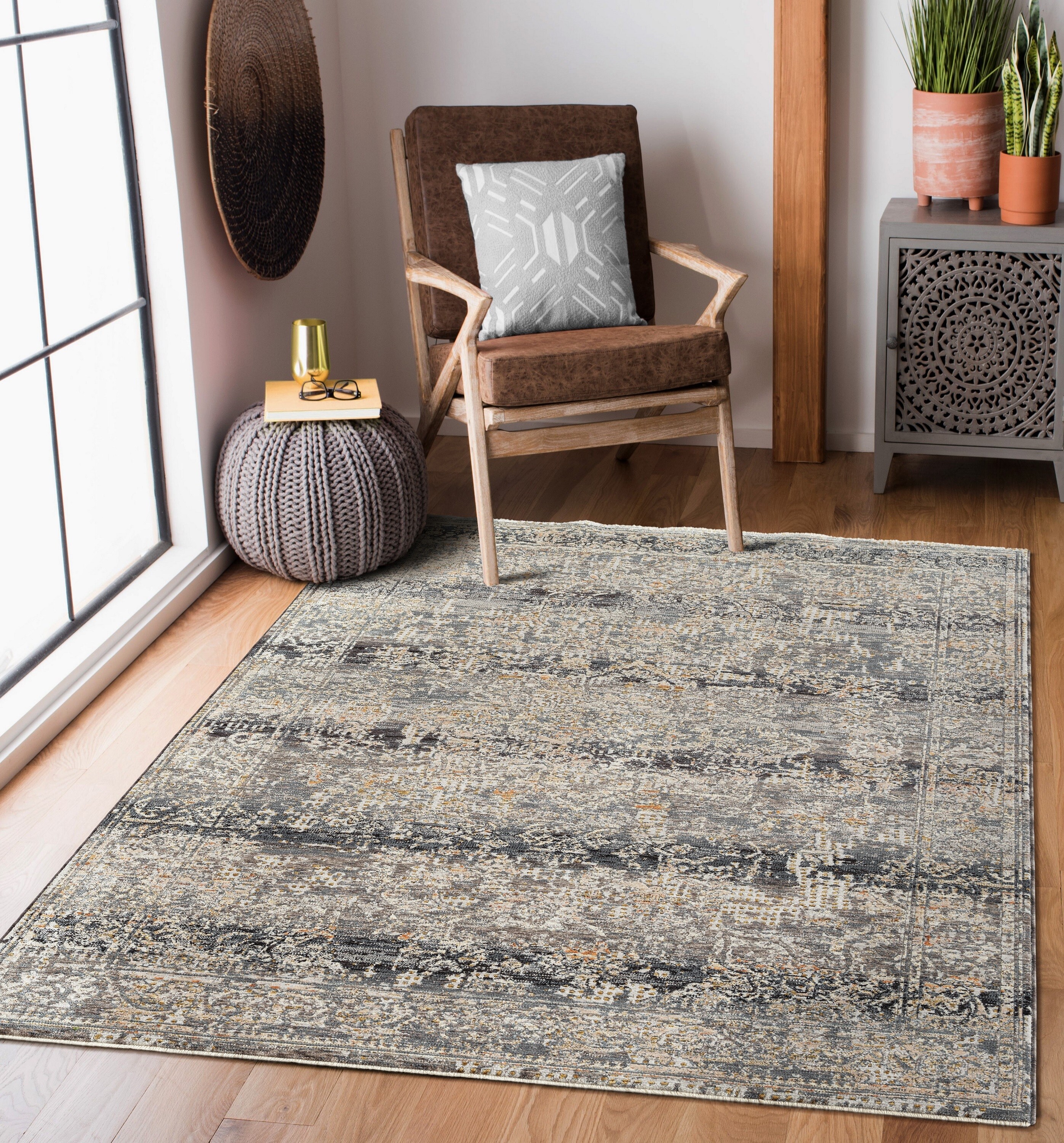 MDA Rugs Amelia Collection 8 x 10 Charcoal and Blue Indoor Medallion ...