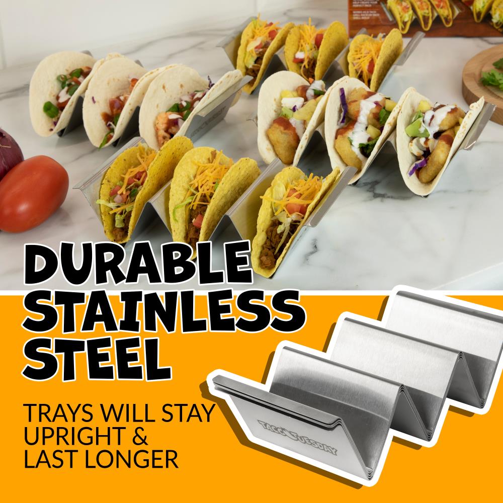 Upgrade Taco Shell Stand Up Holders-4 Pack Premium Stainless Steel Taco Holder with 8 Salad Cups & 4 Spoons,Holds 3 Tacos Each Keeping Shells Upright & Neat 